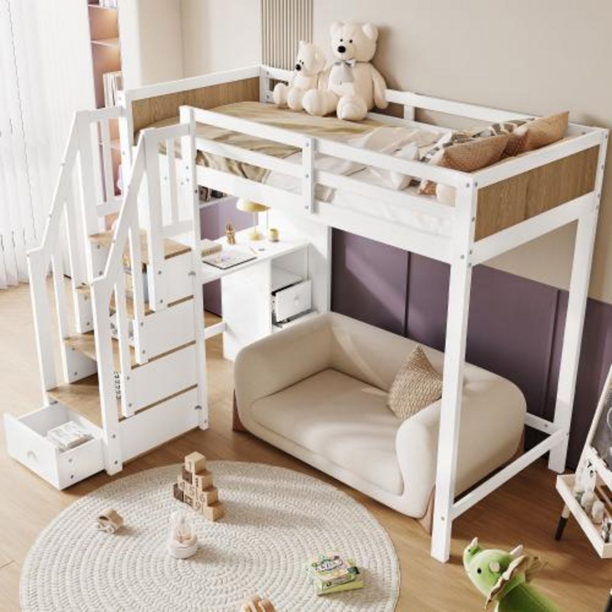 MERAX Lit combiné enfant 90x200cm bois et mdf coloris blanc+naturel