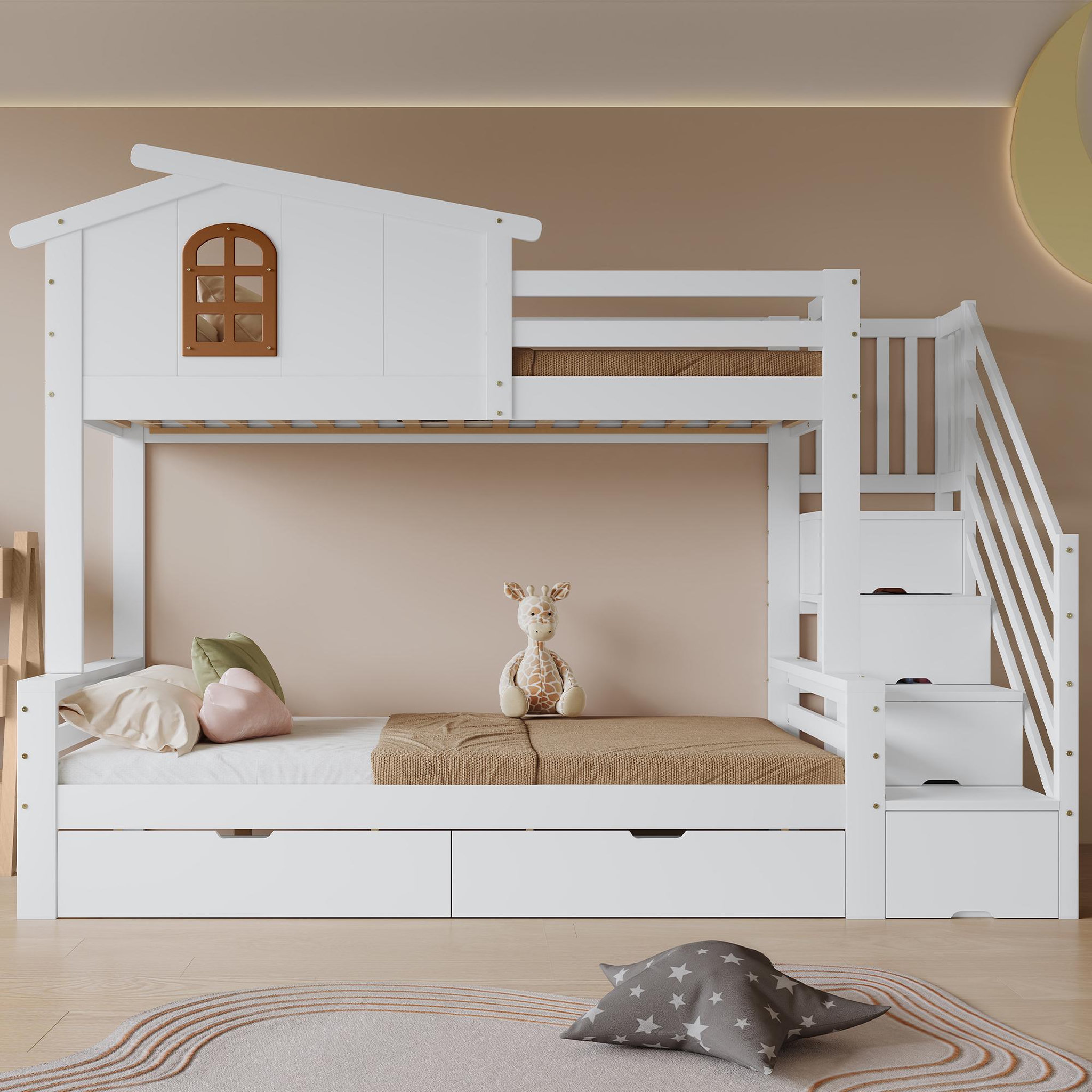 Voir la diapositive 2 : MERAX Lit superposé 120x200(90x200)cm coloris blanc+naturel pin et mdf
