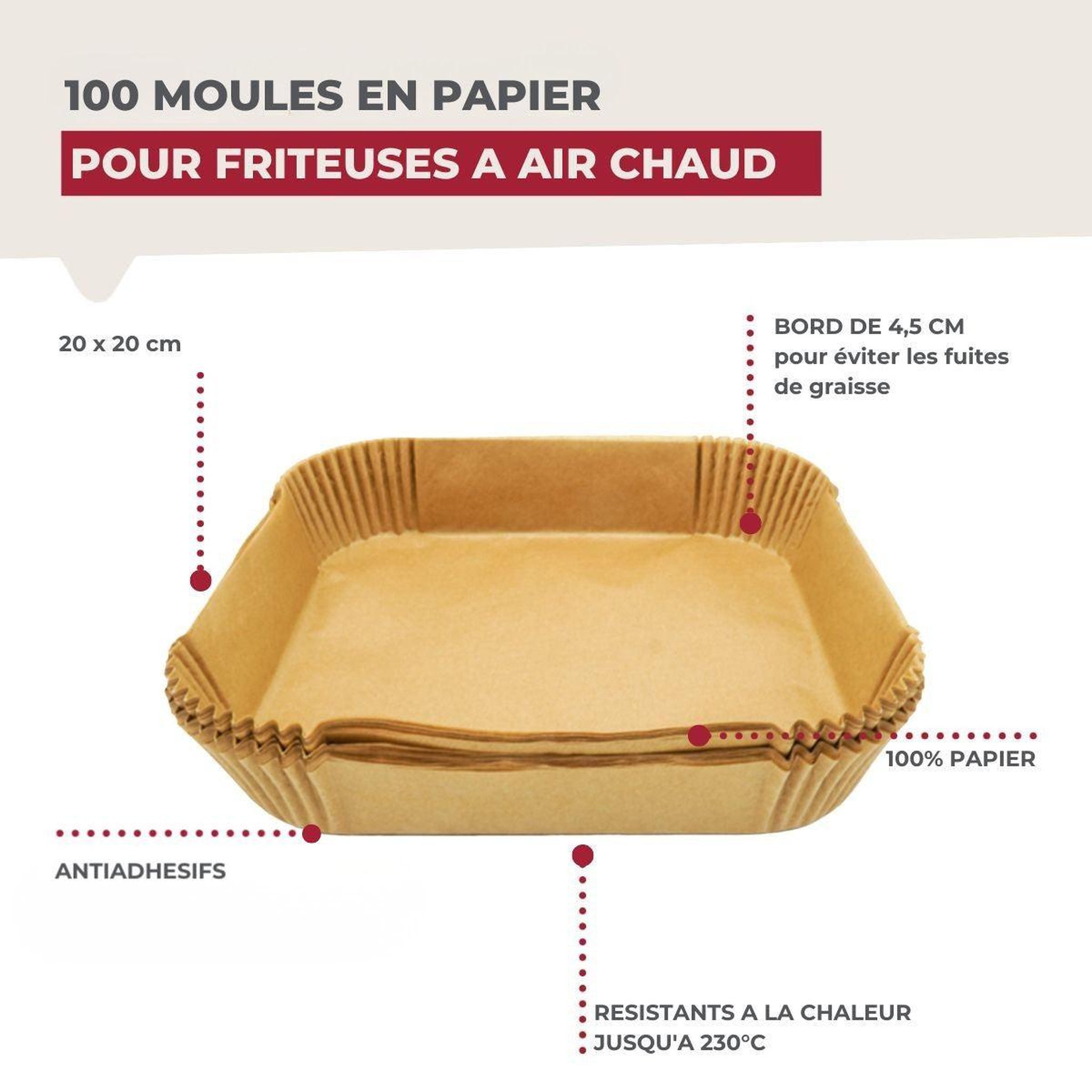Voir la diapositive 3 : Fackelmann Ensemble de 100 moules en papier pour air fryer carrés 20 cm fackelmann divers