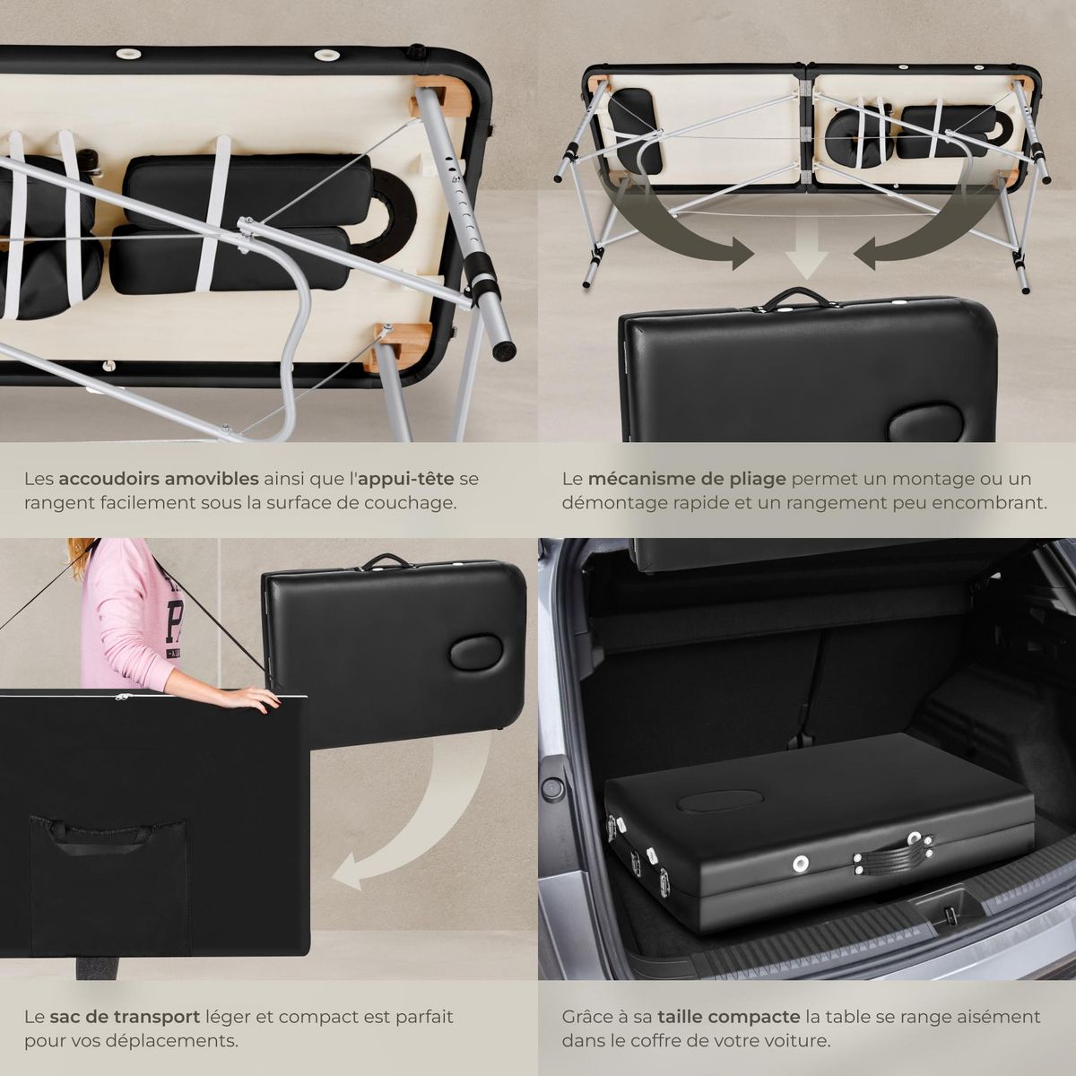 tectake Table de massage portable pliante 2 zones largeur 61 cm et rembourrage de 4 cm noir