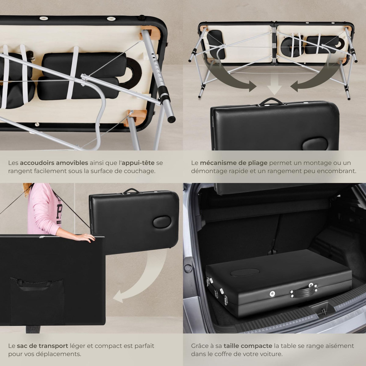 tectake Table de massage portable pliante 2 zones largeur 61 cm et rembourrage de 4 cm noir