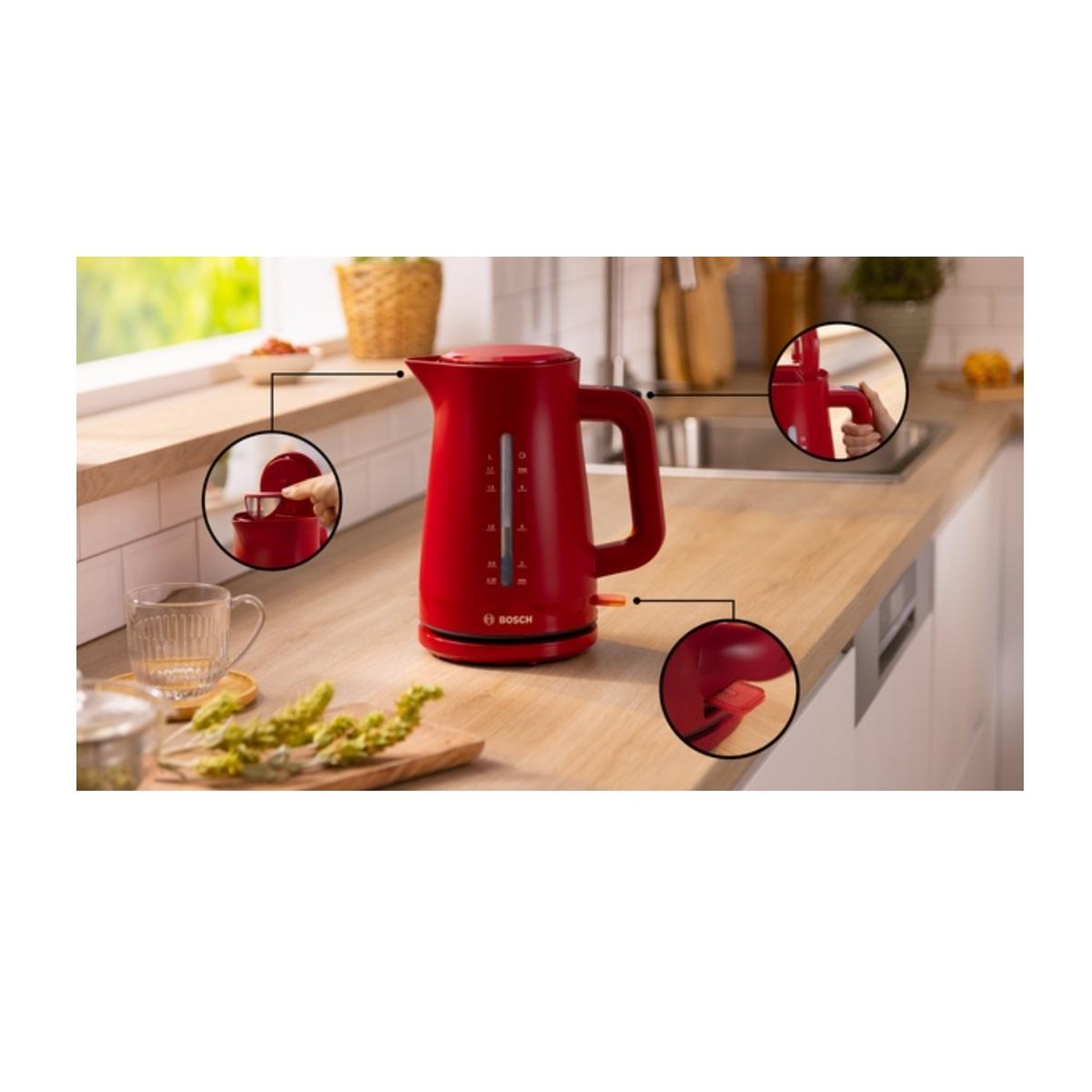 Voir la diapositive 2 : BOSCH Bouilloire électrique 1.7l 2400w rouge - twk3m124