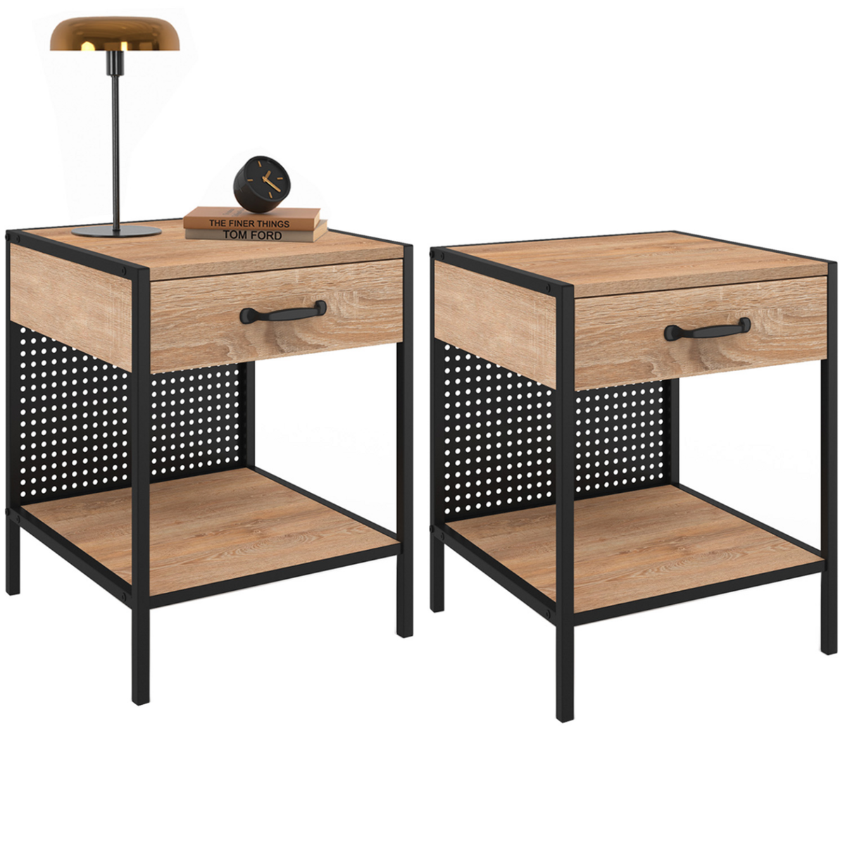 ID MARKET Lot de 2 tables de chevet PRESTON 1 tiroir avec tablette acier perforé design industriel