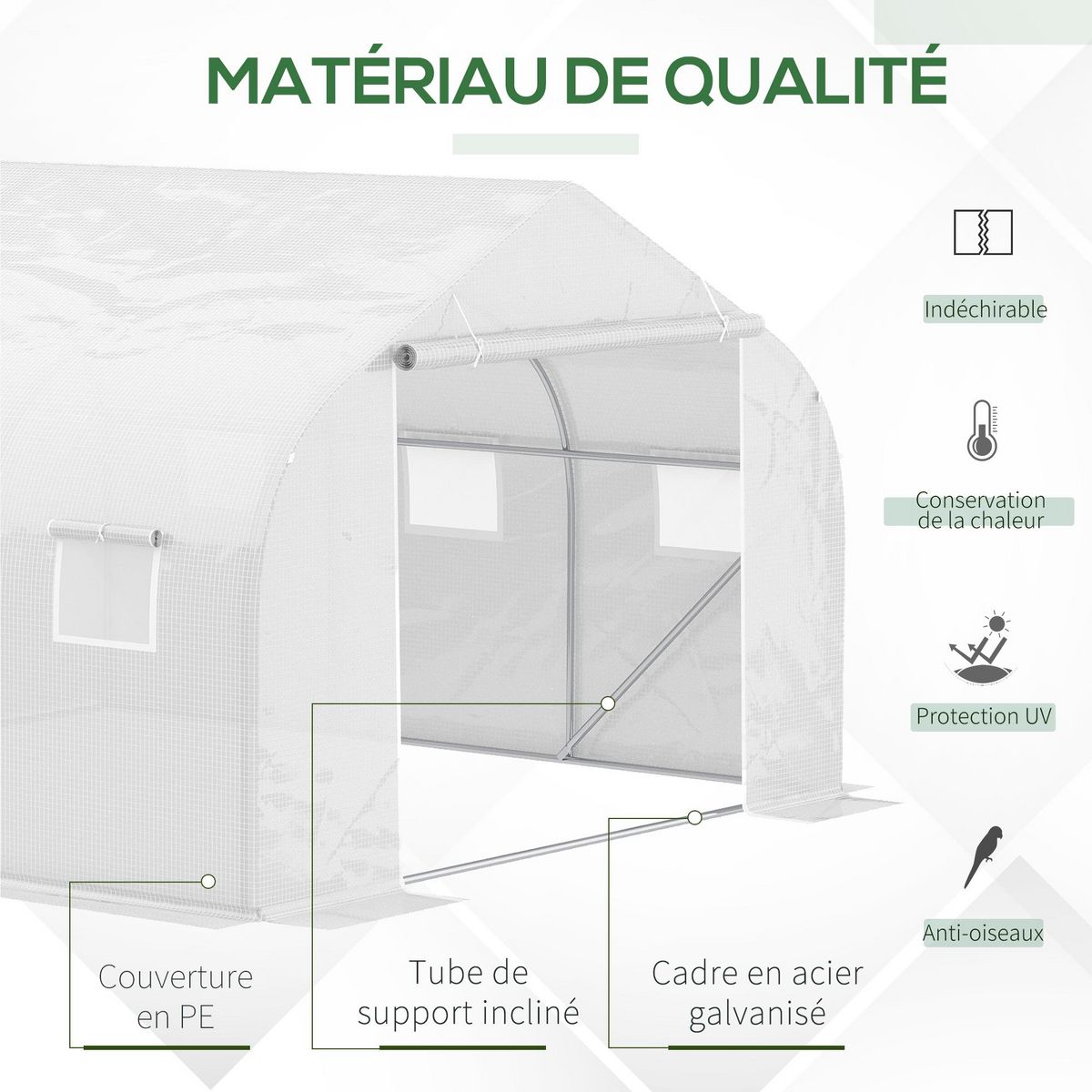 OUTSUNNY Serre tunnel de jardin 3,5 x 3 x 2 m grande taille 6 fenêtres blanc