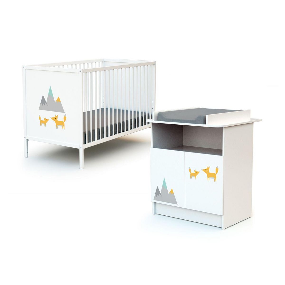 Ensemble lit bébé 60x120 cm + commode à langer 2 portes RENARD Blanc