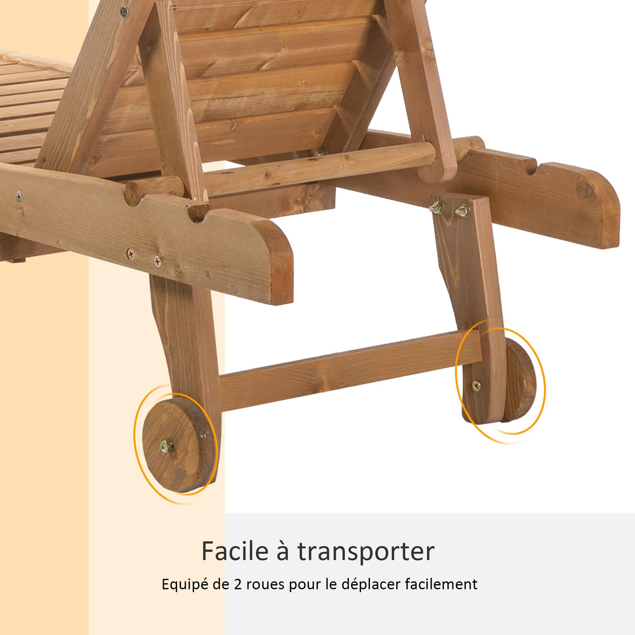 Voir la diapositive 6 : OUTSUNNY Bain de soleil transat style colonial dossier réglable 3 positions roulettes tablette support bois sapin pré-huilé