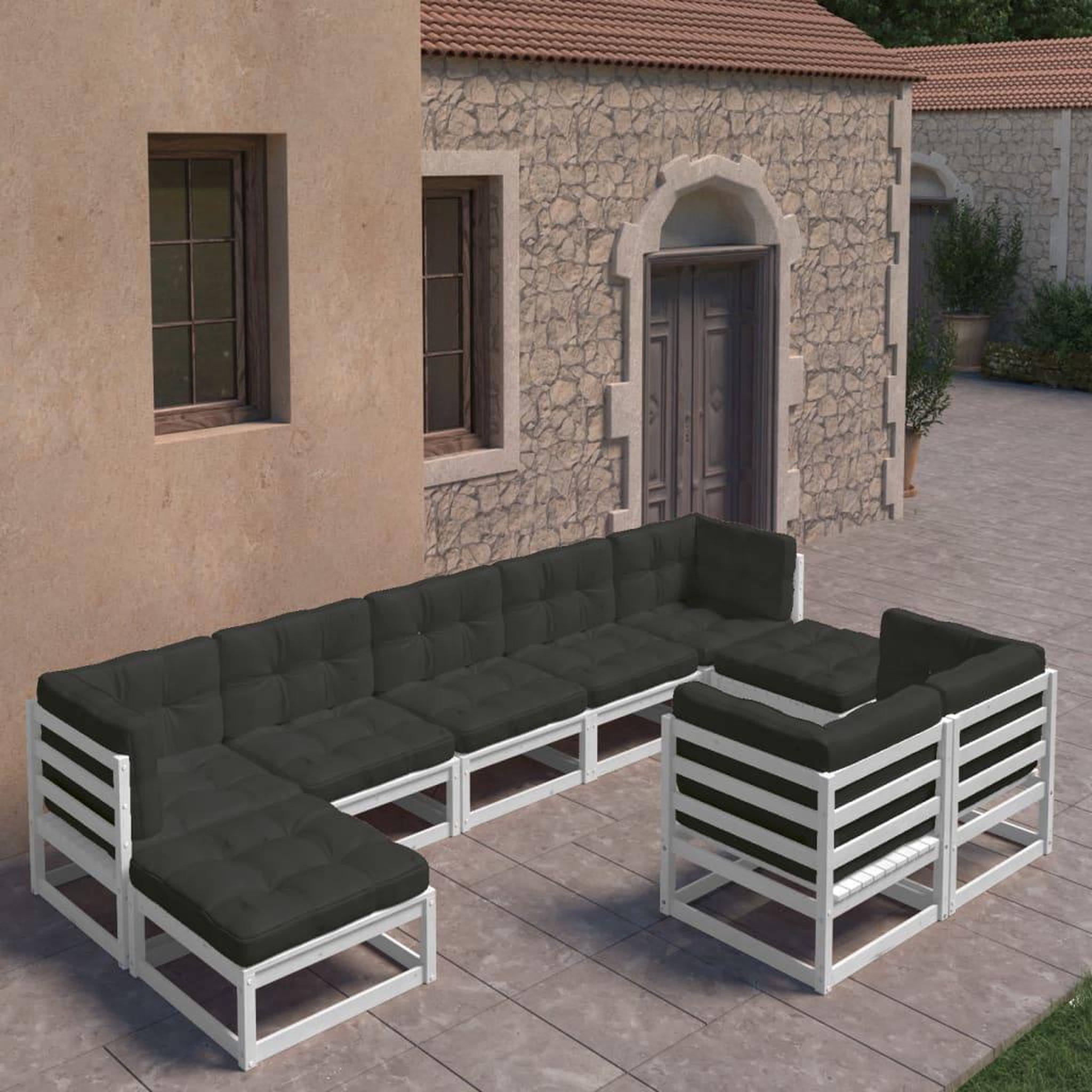 Voir la diapositive 1 : VIDAXL Salon de jardin 9 pcs avec coussins Blanc Bois de pin massif