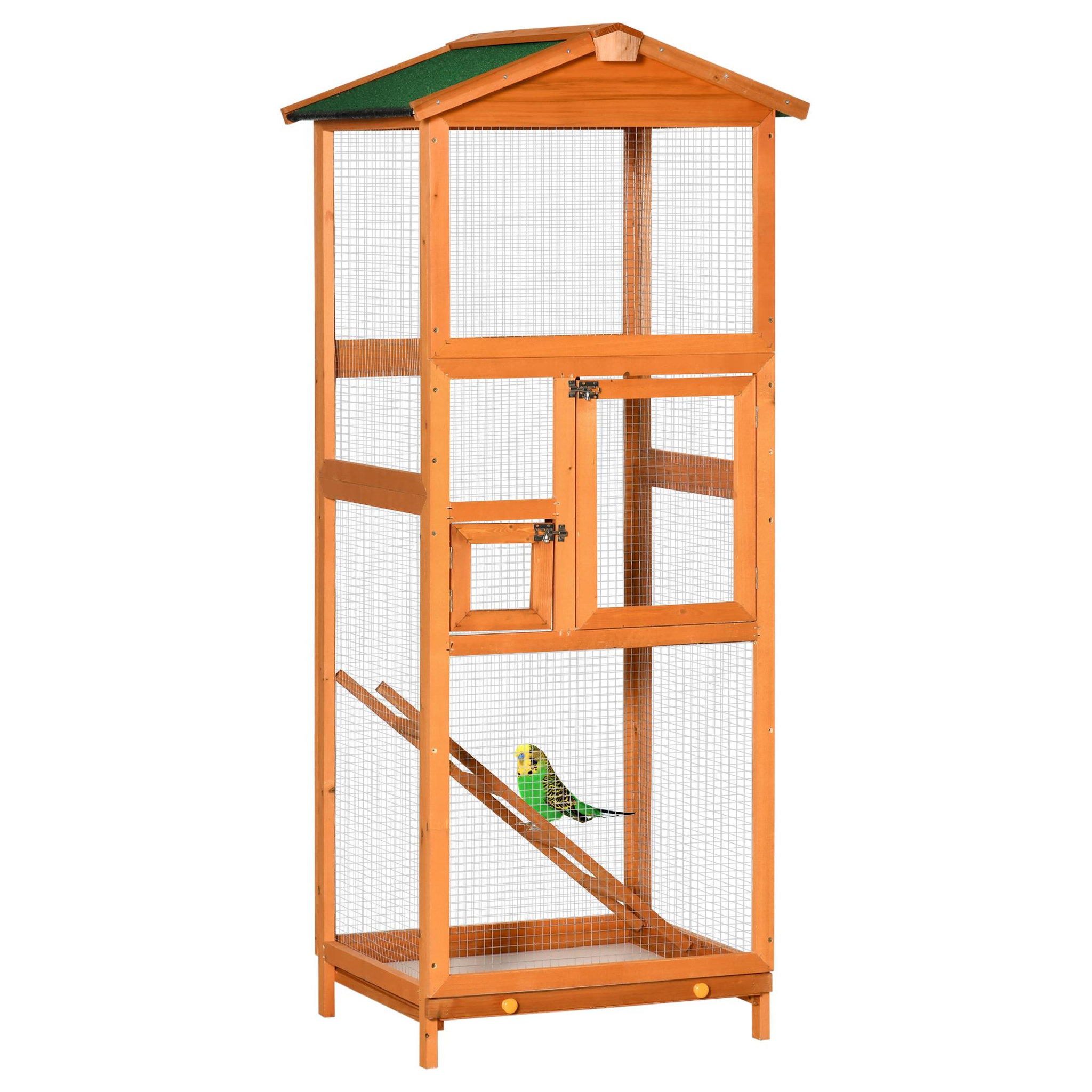 Voir la diapositive 1 : PAWHUT Volière cage à oiseaux - 2 portes tiroir déjection coulissant échelle toit bitumé - bois sapin pré-huilé
