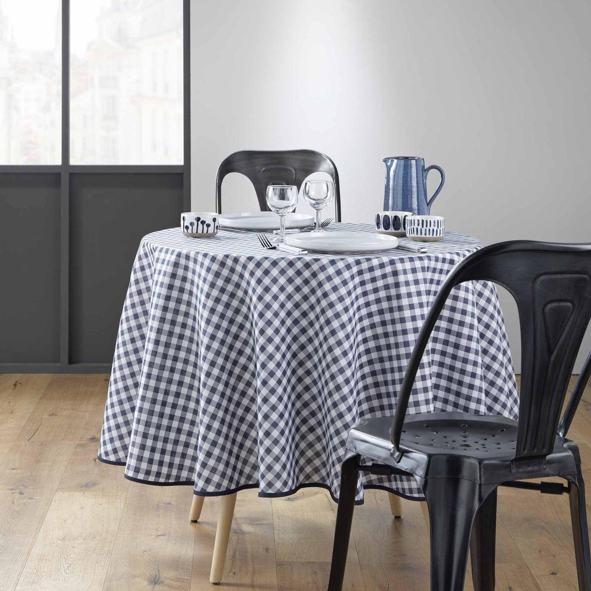 Voir la diapositive 3 : Douceur d'Intérieur Nappe ronde antitache imprimé  vichy  180cm bleu