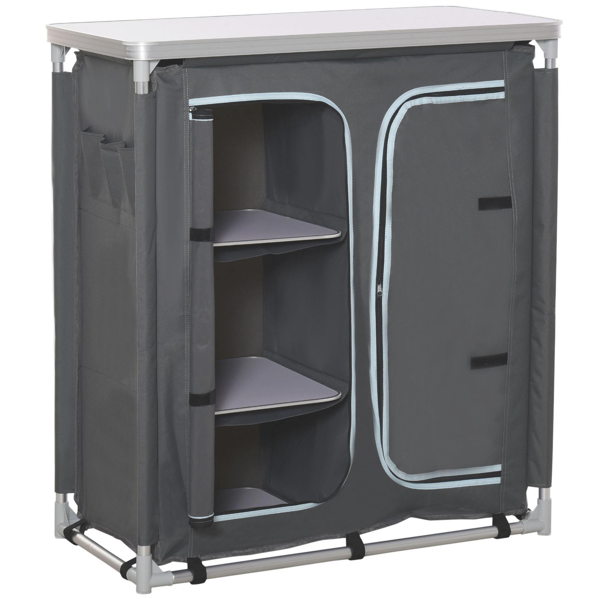 Voir la diapositive 1 : OUTSUNNY Cuisine de camping - meuble camping - armoire de camping - plan de travail, nombreux rangements, sac transport inclus - armature alu. Oxford gris