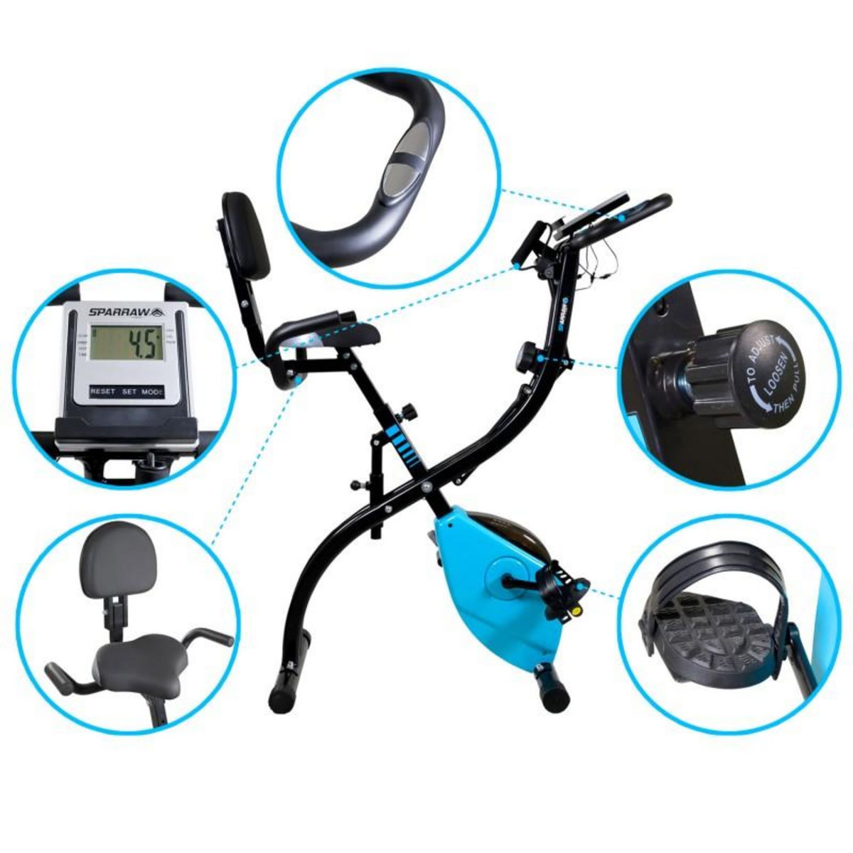 SPARRAW Vélo d'appartement compact et pliable SUPER X BIKE - Réglable, Roue inertie 1.6Kg, 8 niveaux de résistance, Ecran d'entraînement