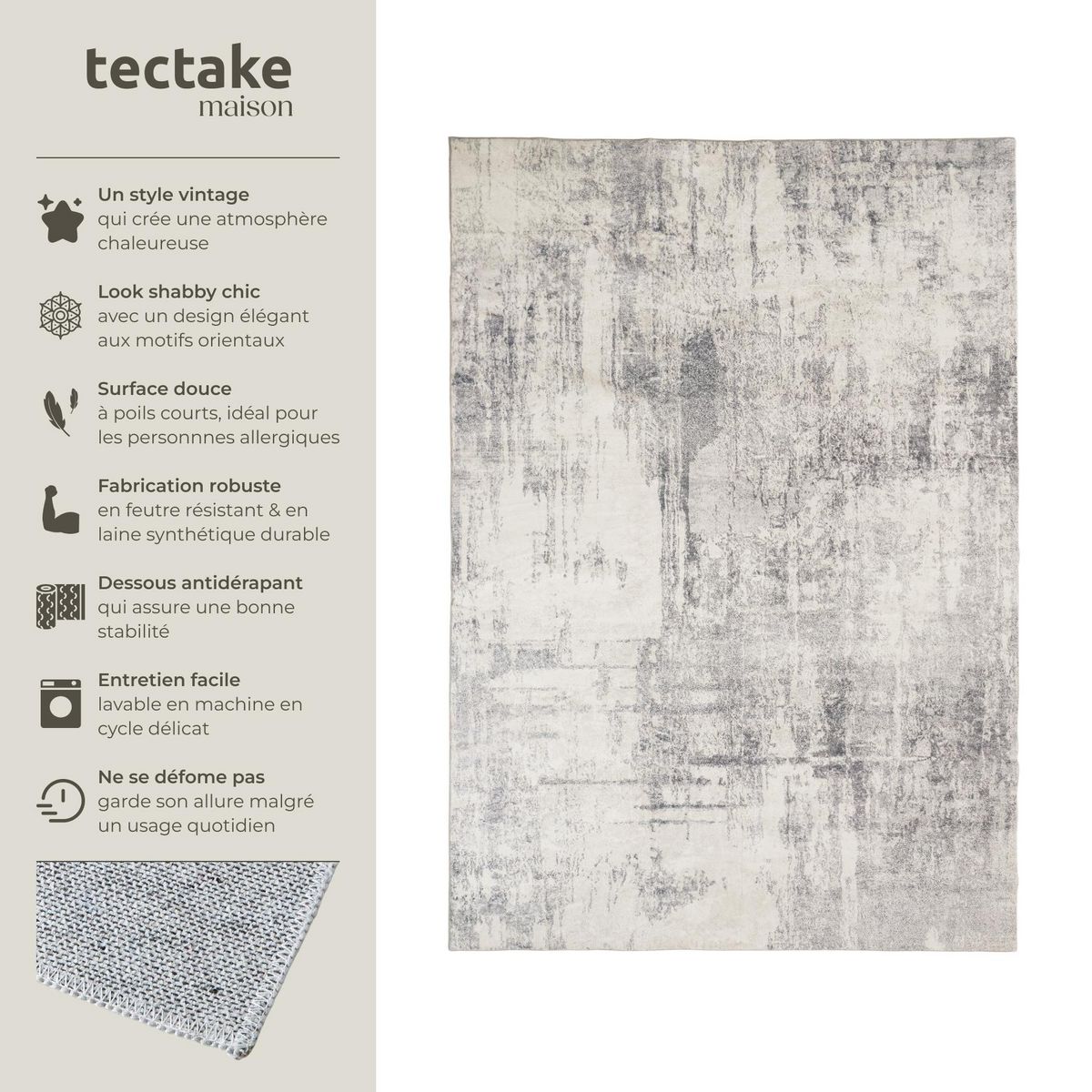 tectake Tapis design vintage à poils courts en laine synthétique et feutre beige/gris 240 x 340 cm