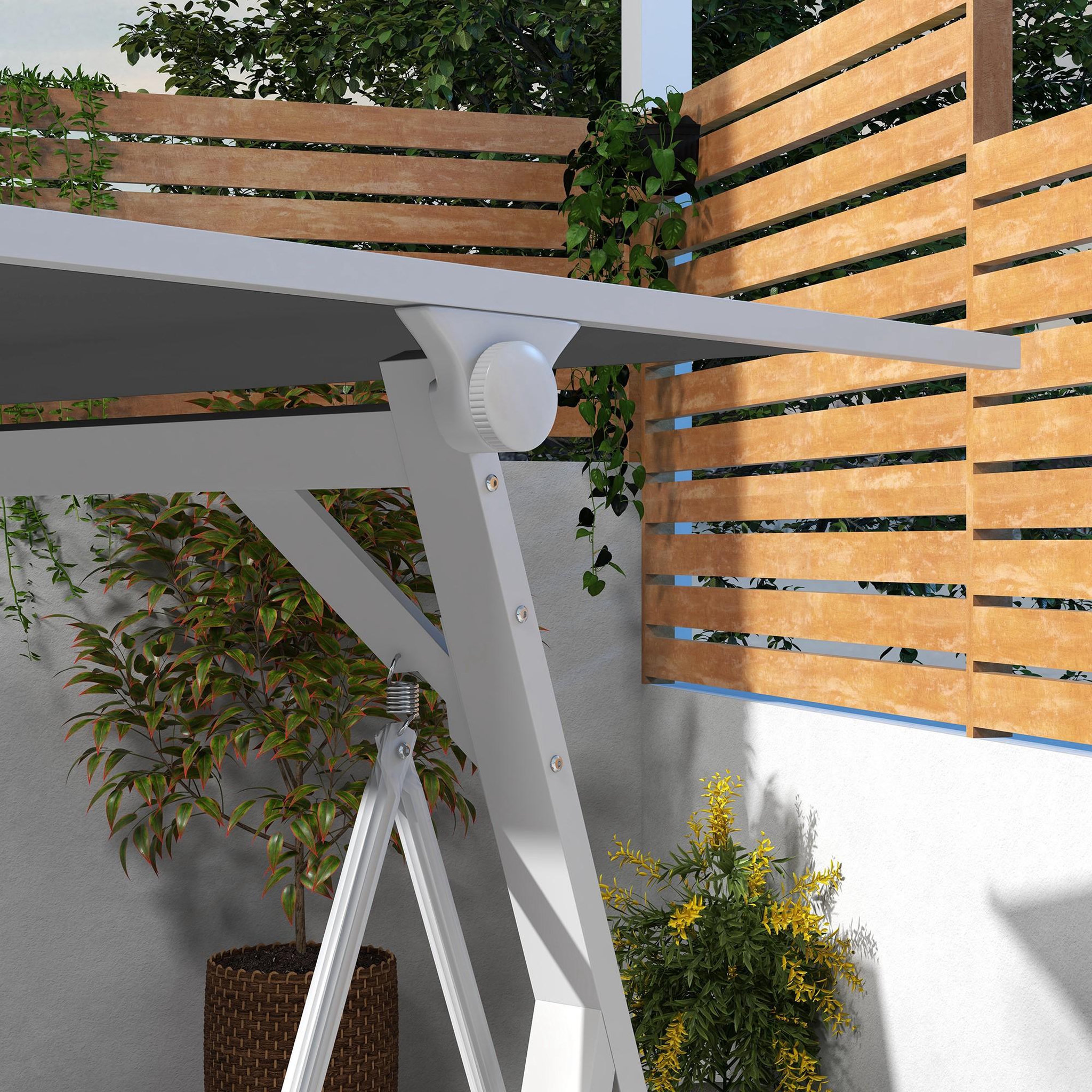 Voir la diapositive 4 : OUTSUNNY Balancelle de jardin design 3 places toit inclinaison réglable matelas fourni acier blanc tissu gris foncé