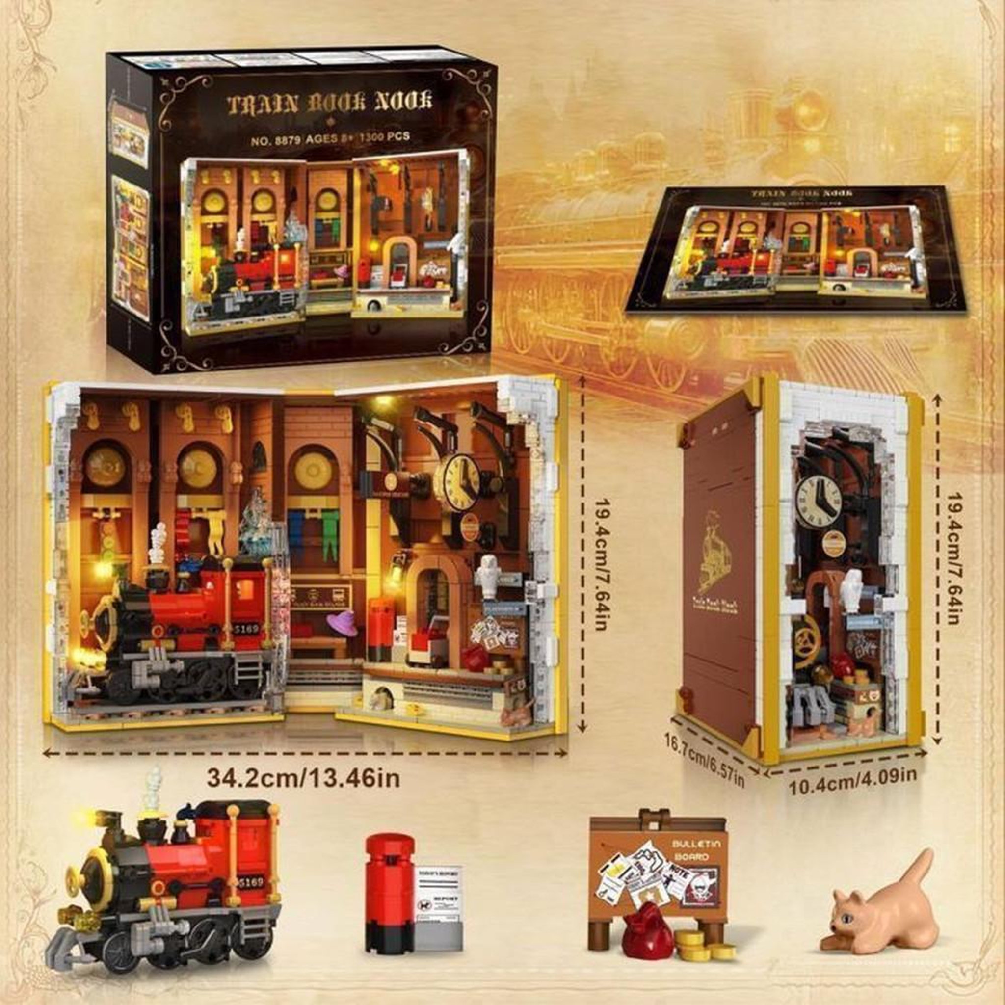 Voir la diapositive 2 : Kit maquette diorama livre illuminé LED train rouge 1 300 pièces