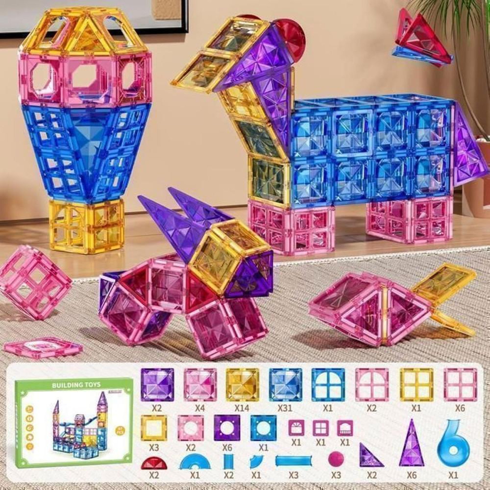 Voir la diapositive 6 : Set de blocs de construction magnétiques éducatifs 97 pièces multicolores STEM pour enfants 3 à 12 ans