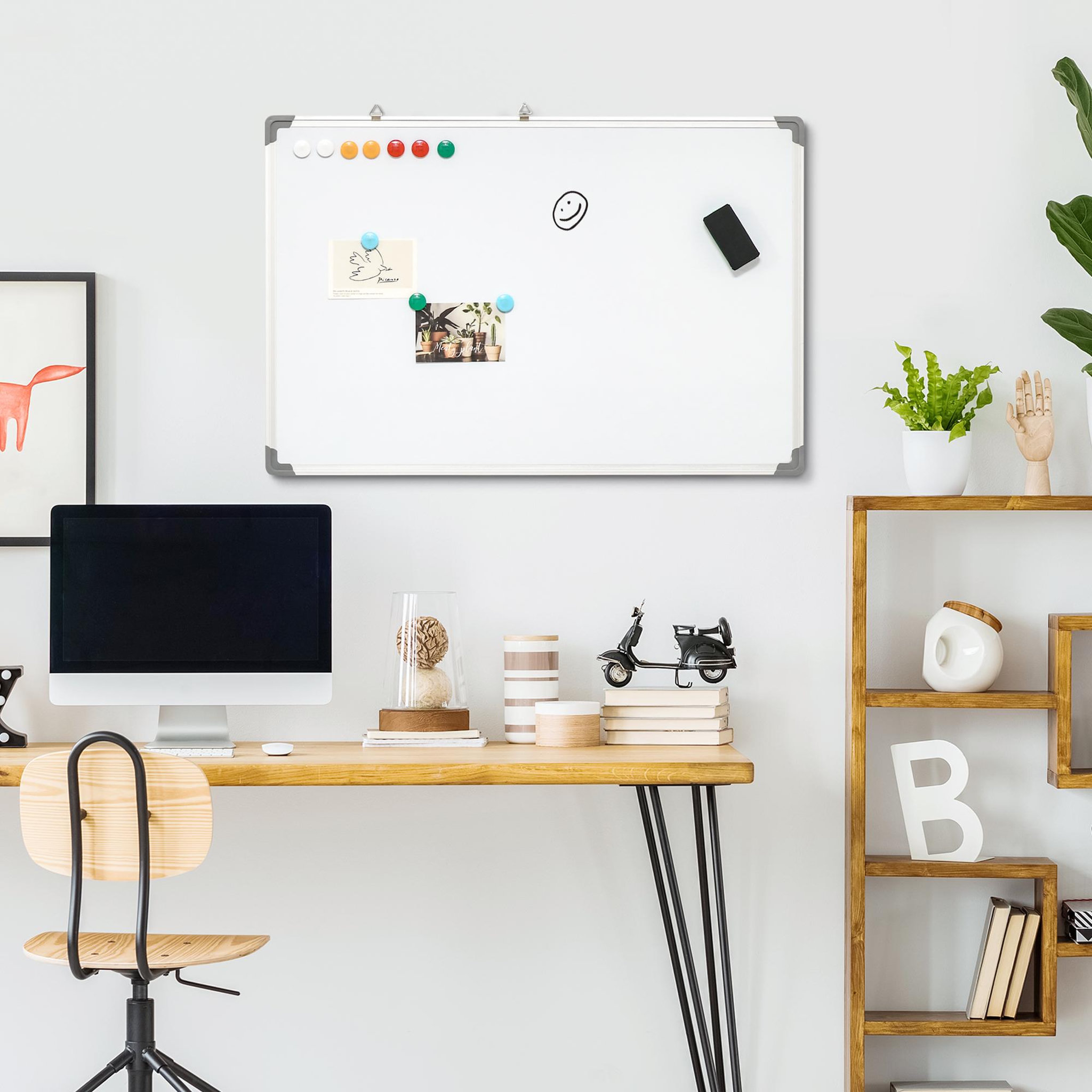 Voir la diapositive 2 : HOMCOM Tableau blanc aimanté magnétique dim. 90L x 60H cm nombreux accessoires inclus cadre aluminium
