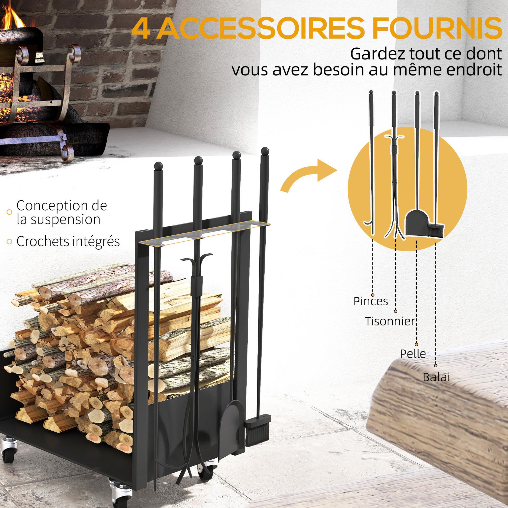 Voir la diapositive 4 : OUTSUNNY Serviteur de cheminée range-bûches chariot 3 en 1 - pelle, balai, tisonnier, pince - charge max. 60 Kg - métal noir