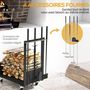 Voir la diapositive 4 : OUTSUNNY Serviteur de cheminée range-bûches chariot 3 en 1 - pelle, balai, tisonnier, pince - charge max. 60 Kg - métal noir