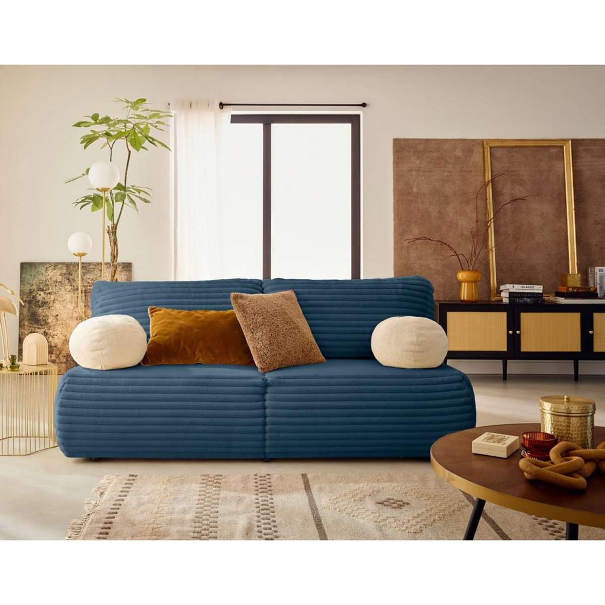 BEST MOBILIER Marvin - canapé 3 places convertible et coffre en fausse fourrure côtelée avec 2 coussins boule inclus