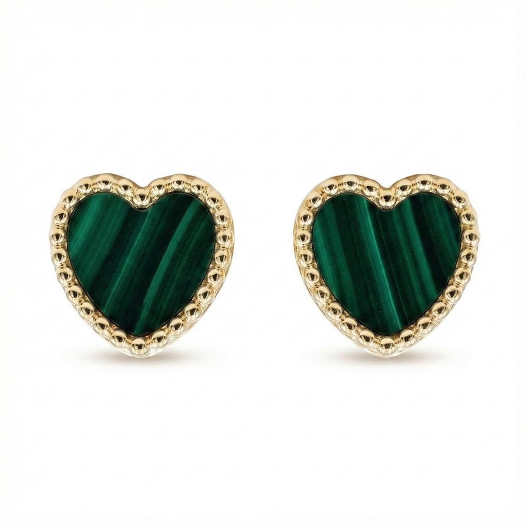 L'ATELIER D'AZUR Boucles d'Oreilles Or Jaune et Malachite - Puces Motif Coeur