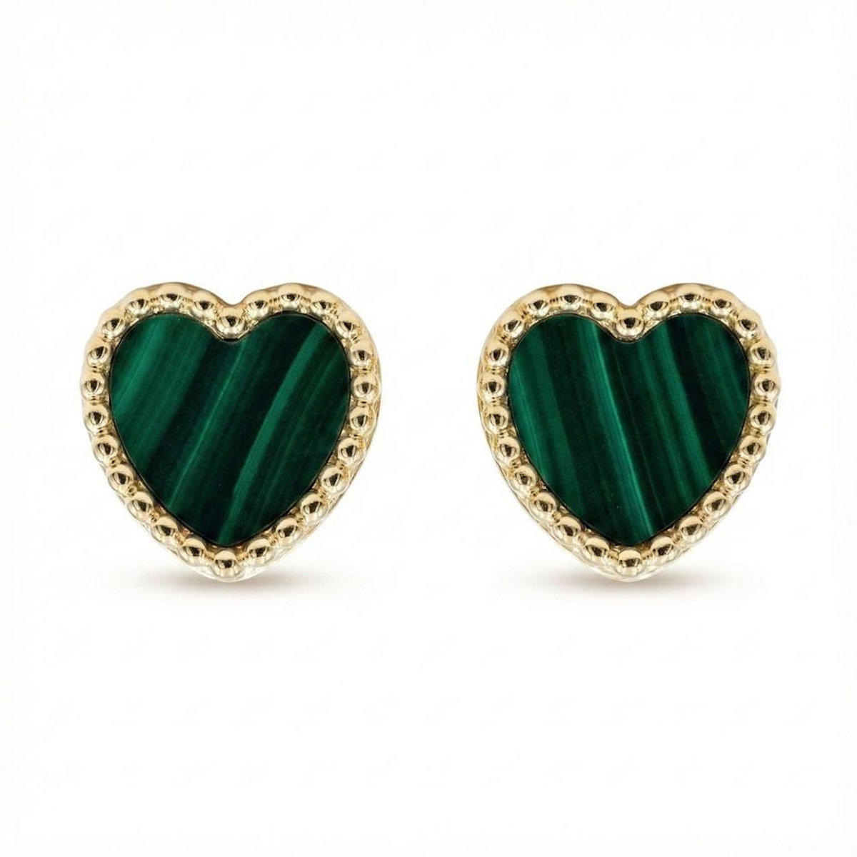 L'ATELIER D'AZUR Boucles d'Oreilles Or Jaune et Malachite - Puces Motif Coeur