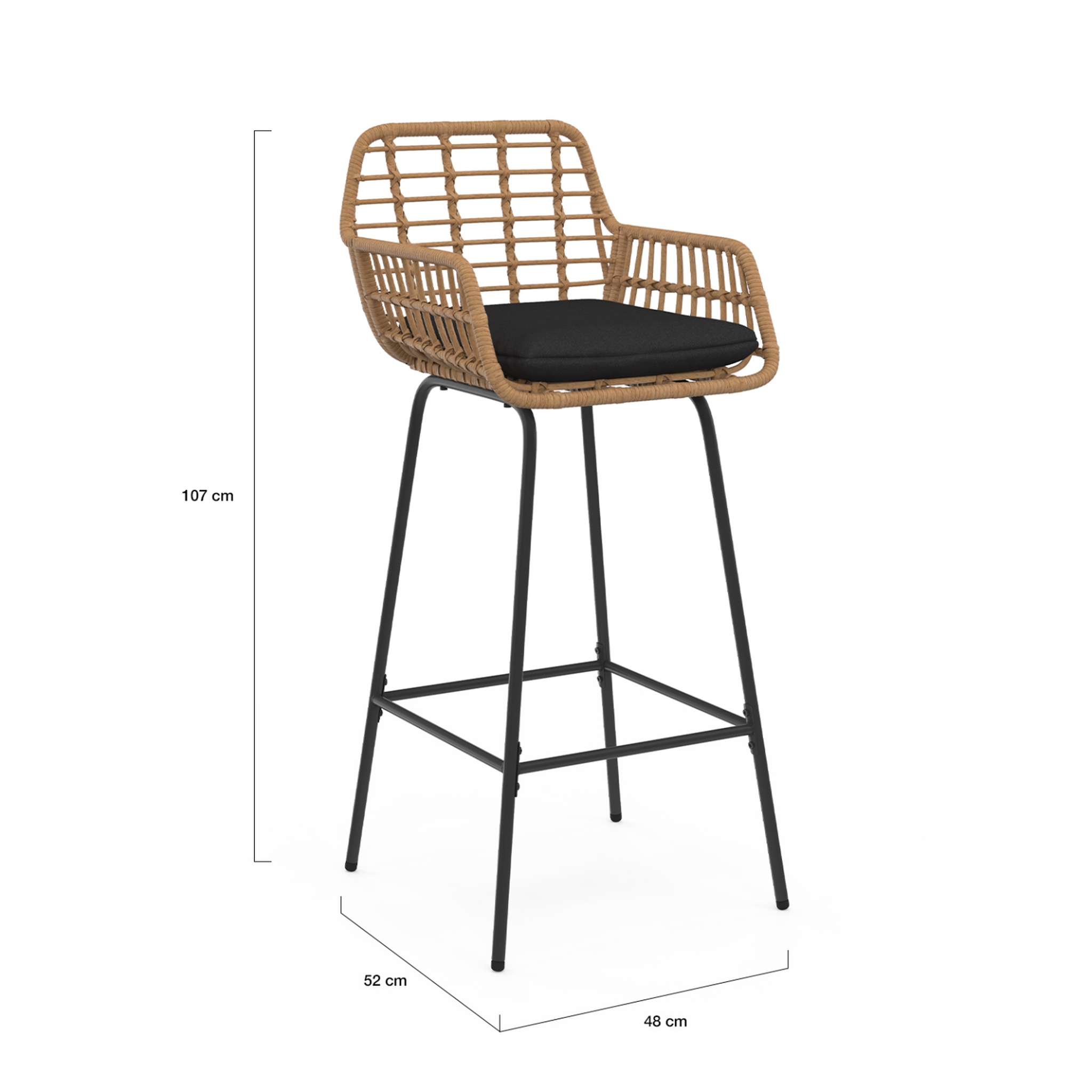 Voir la diapositive 6 : ID MARKET Lot de 2 tabourets de bar summer effet rotin beige pied metal noir avec accoudoirs