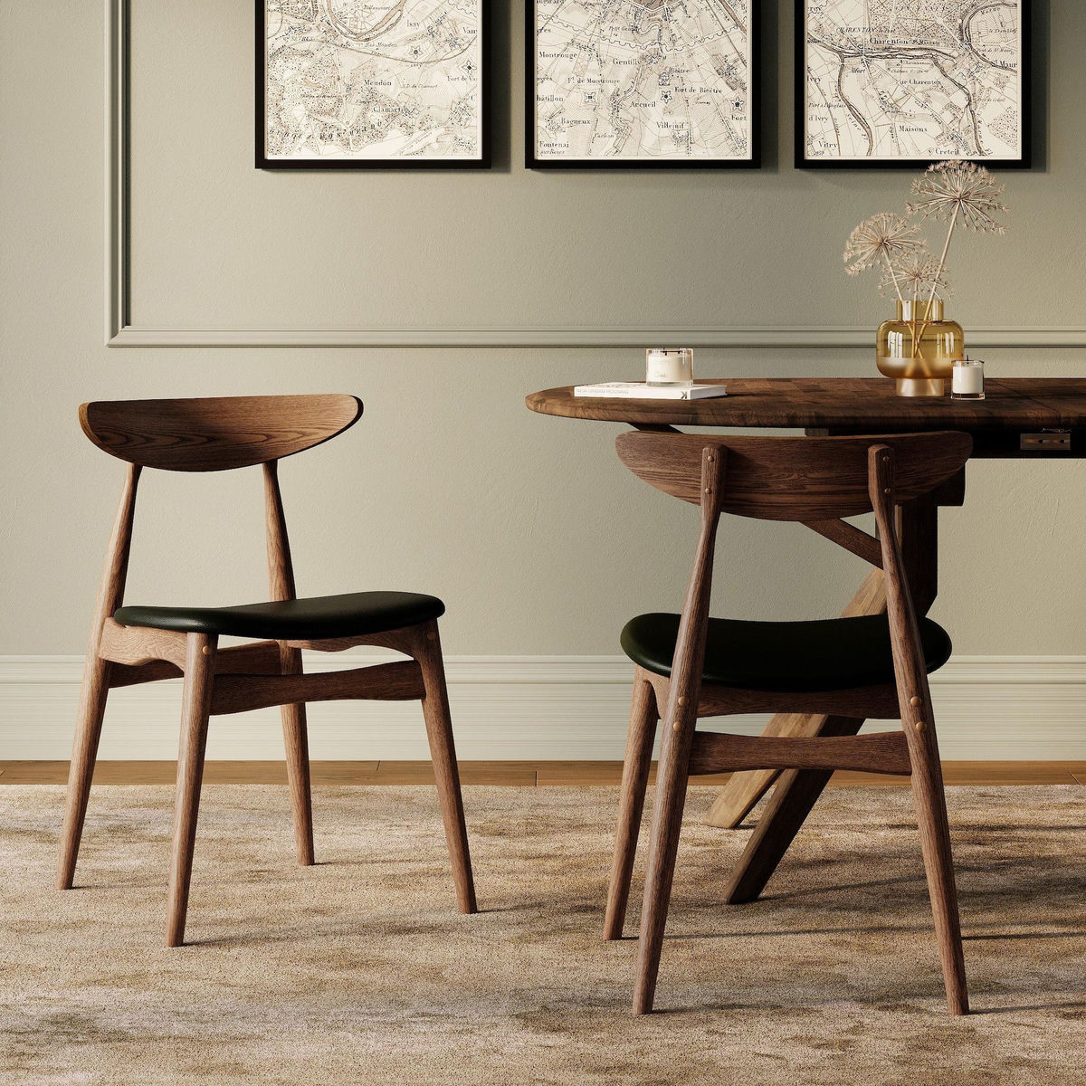 MAISON PAVANE Lot de 2 chaises en cuir synthétique noir et bois d'hévéa-Josette