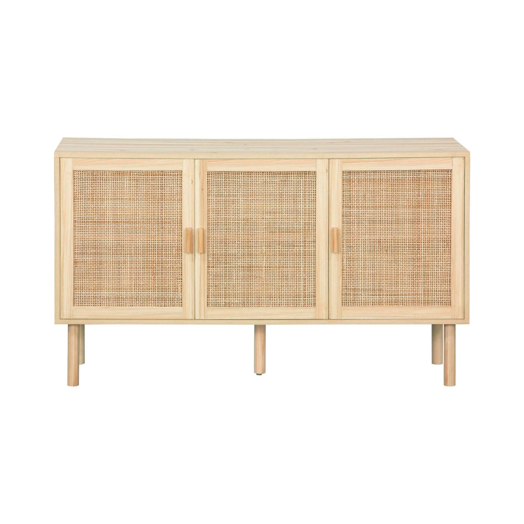 Voir la diapositive 6 : SWEEEK Buffet 3 portes et 3 étagères cannage et effet bois. Piètement et poignées en bois de sapin. buffet bas. L 120 x P 39 x H 70cm CAMARGUE