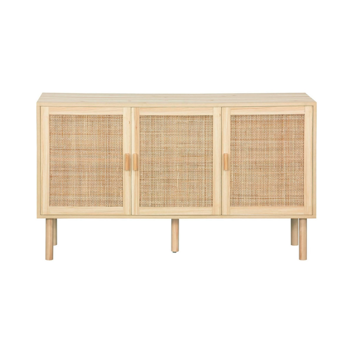 SWEEEK Buffet 3 portes et 3 étagères cannage et effet bois. Piètement et poignées en bois de sapin. buffet bas. L 120 x P 39 x H 70cm CAMARGUE