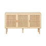 Voir la diapositive 6 : SWEEEK Buffet 3 portes et 3 étagères cannage et effet bois. Piètement et poignées en bois de sapin. buffet bas. L 120 x P 39 x H 70cm CAMARGUE