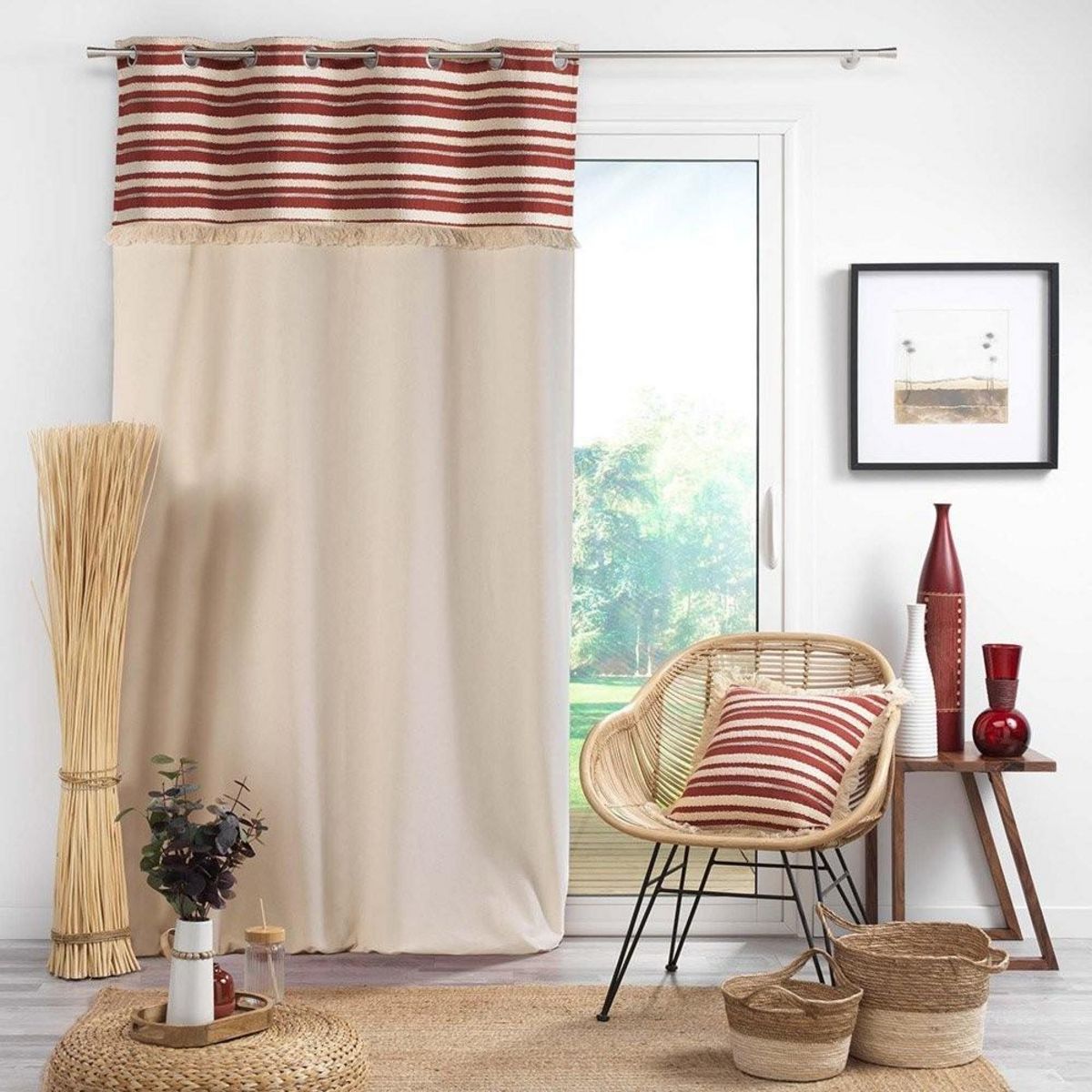 Douceur d'Intérieur Rideau à œillets 140x240 uni top tissé franges Atlas terracotta coton