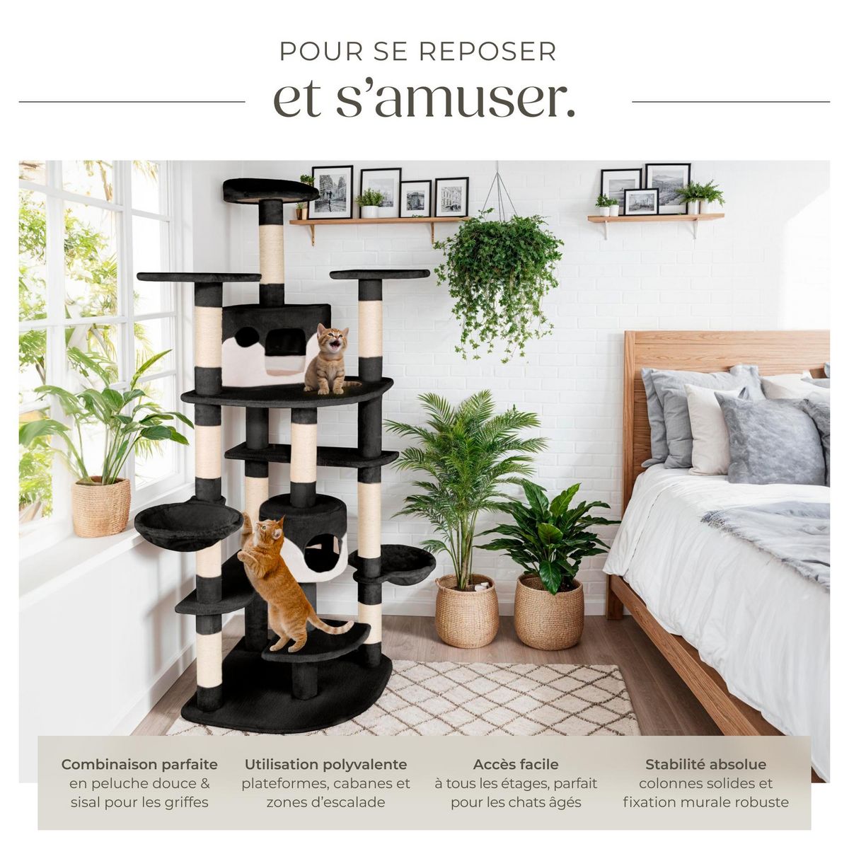 tectake Arbre à chat 204 cm avec griffoir et plateforme d'escalade noir/blanc