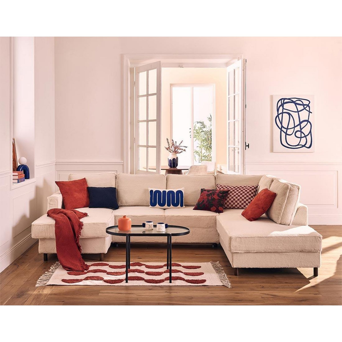 LISA DESIGN Jake - canapé panoramique d'angle droit 7 places convertible avec coffre en fausse fourrure