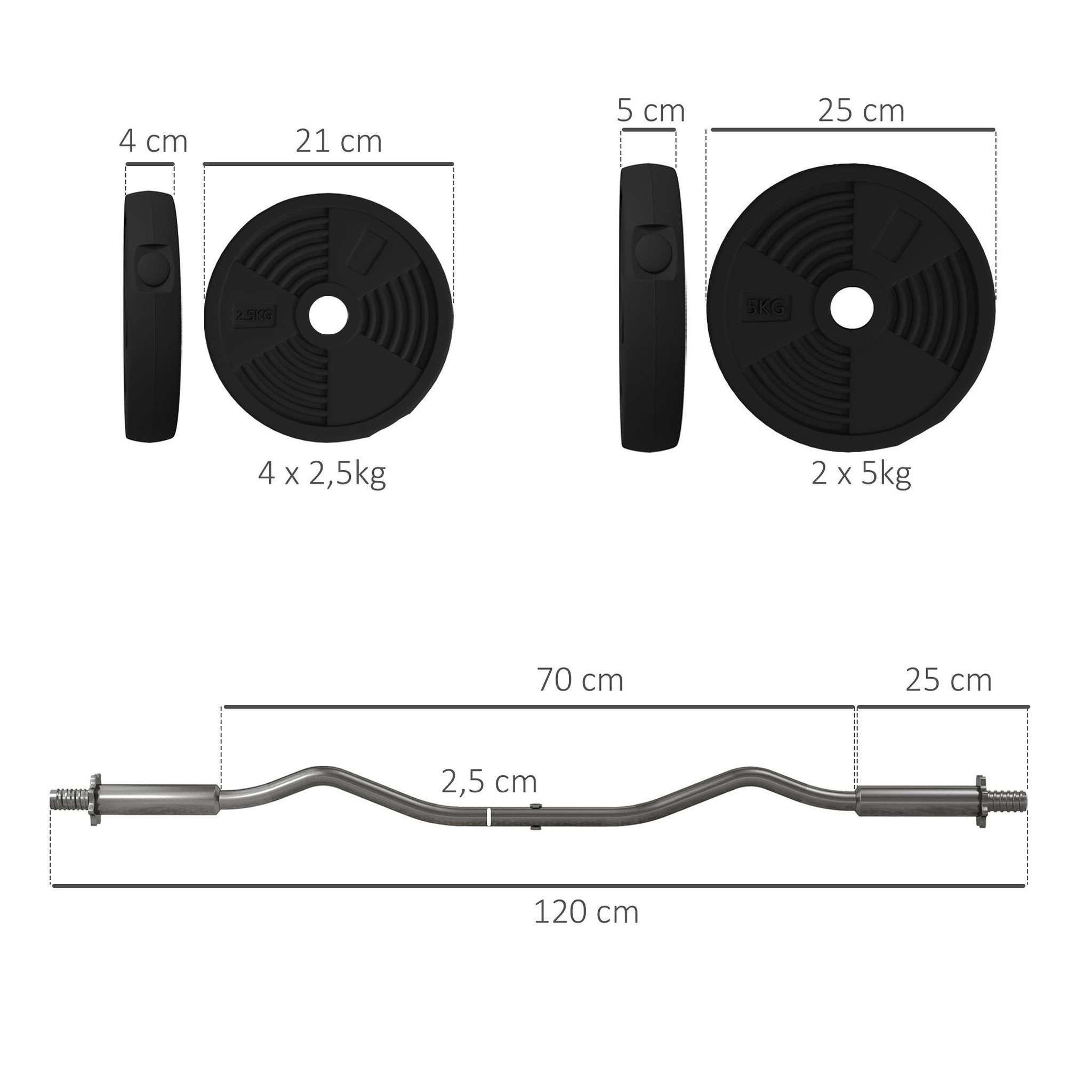 Voir la diapositive 3 : HOMCOM Ensemble d'haltères 25 kg total, barre d'haltère avec disques de poids 5 kg et 2,5 kg, barre longue, avec poignée antidérapante, exercices de fitness entraînement à la maison et gym, noir