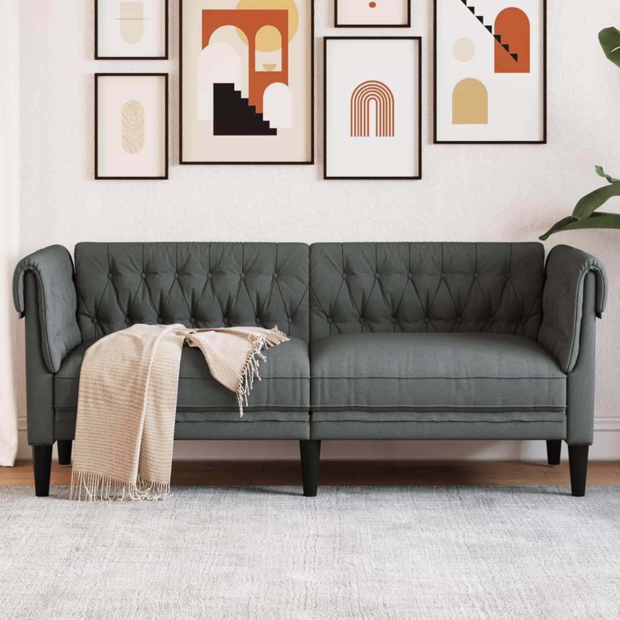 VIDAXL Canape Chesterfield 2 places gris fonce tissu
