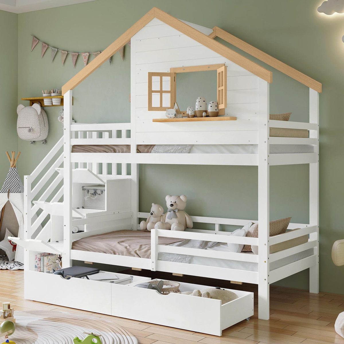 MERAX Lit superposé 90x200cm coloris blanc+naturel pin et mdf