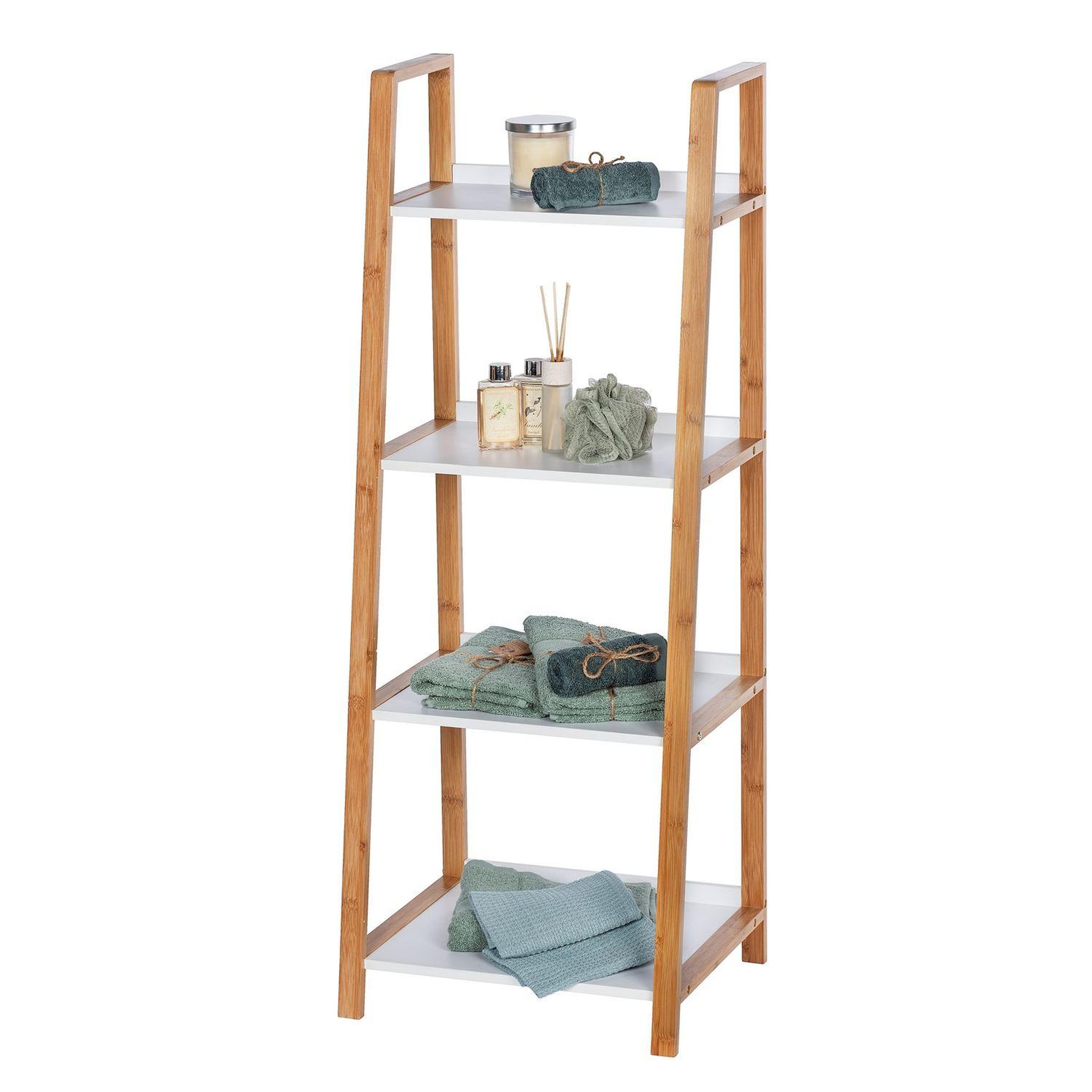 Voir la diapositive 1 : Wenko Etagère de salle de bain en bambou finja - l. 43 x h. 112 cm - blanc