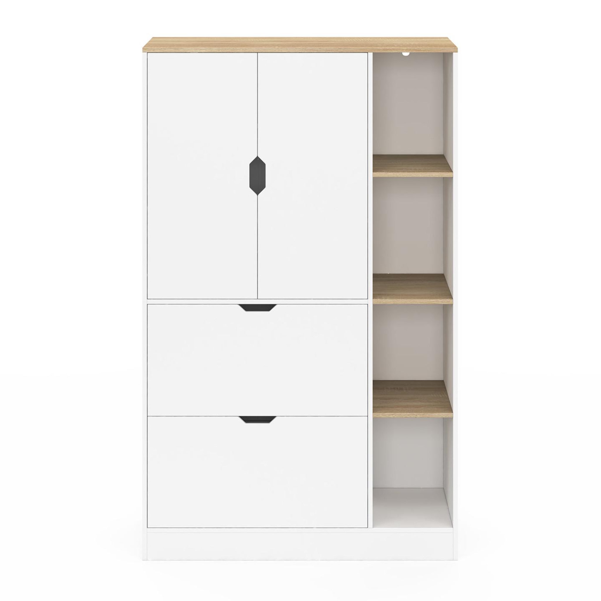 Voir la diapositive 3 : ID MARKET Meuble de rangement l. 80 cm nouk pour bureau, chambre, entrée avec 3 portes et 2 tiroirs blanc et bois