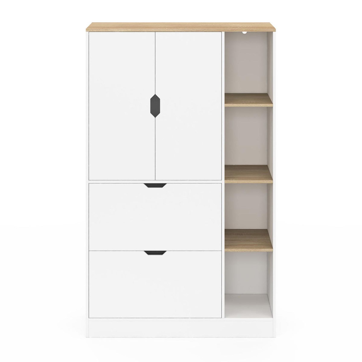 ID MARKET Meuble de rangement L. 80 cm NOUK pour bureau, chambre, entrée avec 3 portes et 2 tiroirs blanc et bois