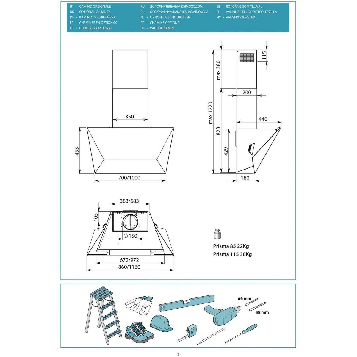 Falmec Hotte décorative murale PRISMA MURAL 85 Noir