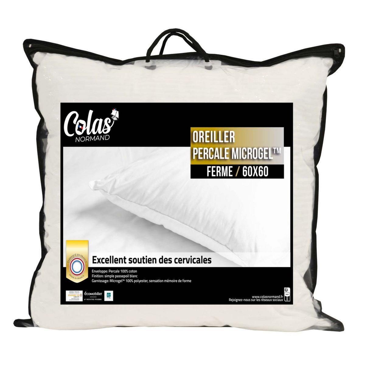 COLAS NORMAND Oreiller confort ferme en percale de coton finition passepoil 