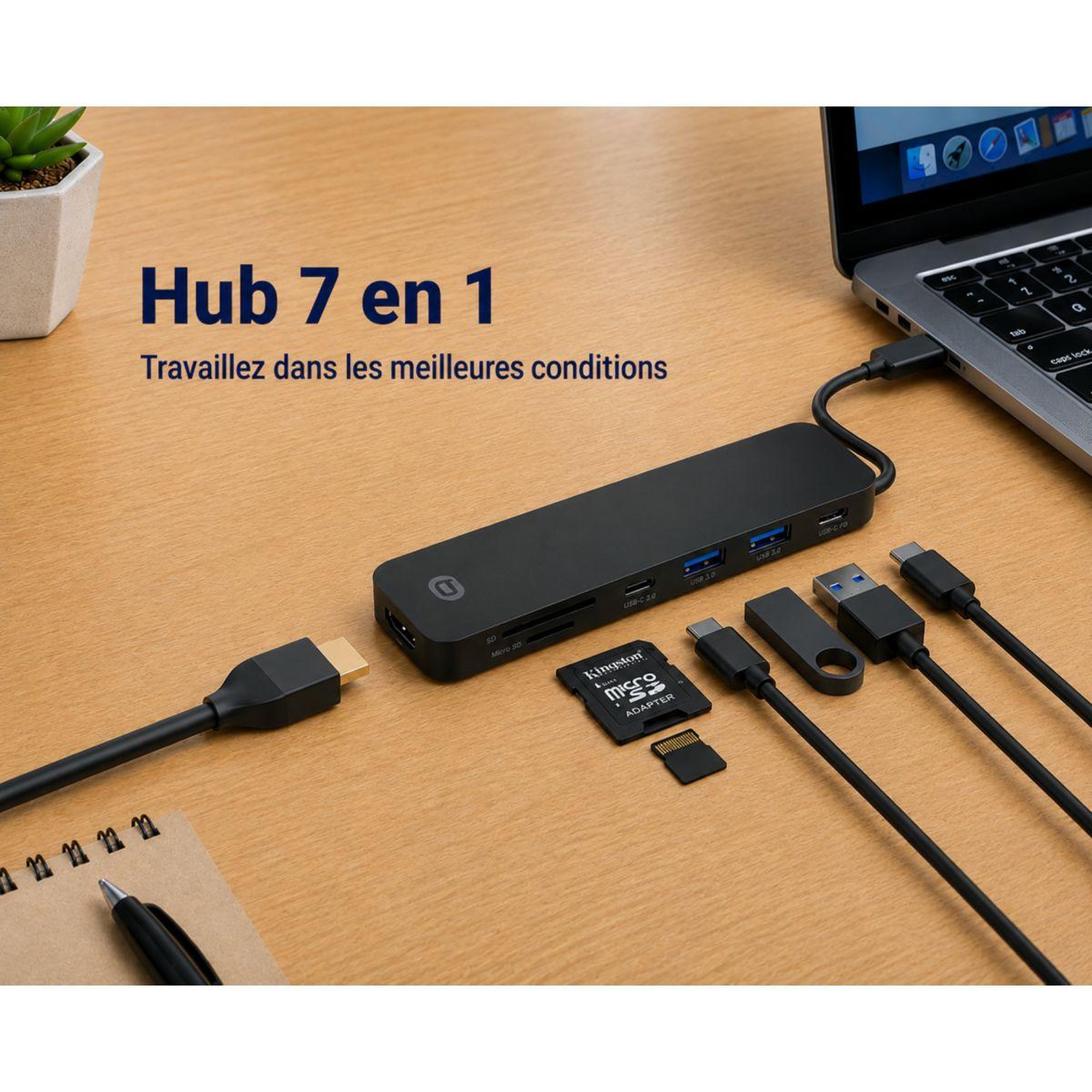 Voir la diapositive 2 : ESSENTIEL B Hub 7 en 1 usb c noir