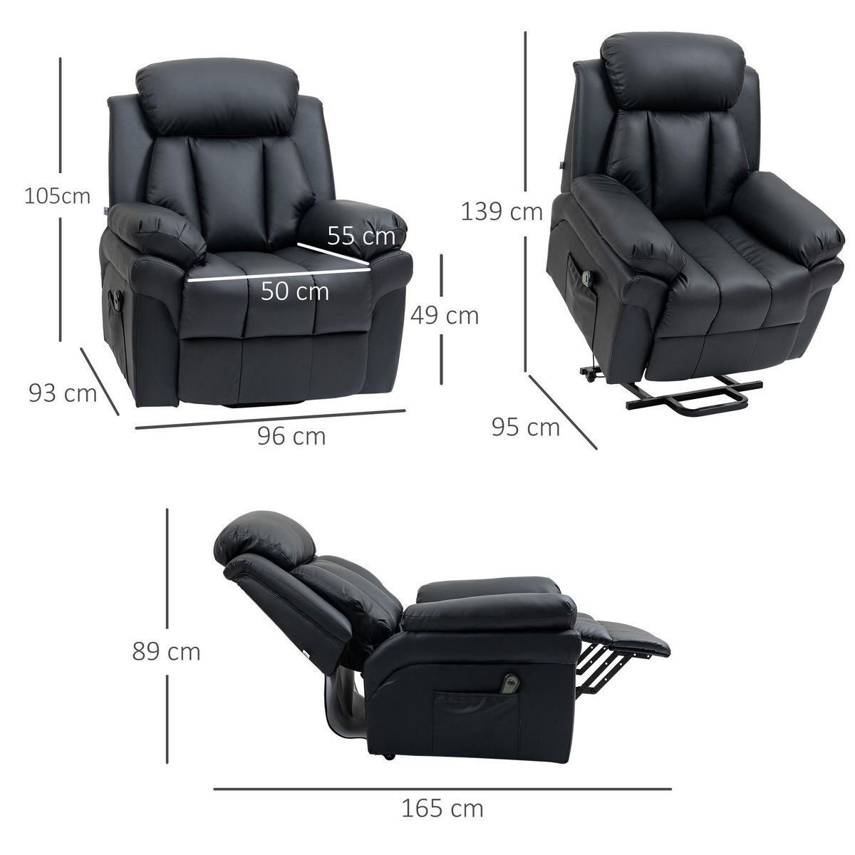 HOMCOM Fauteuil releveur inclinable avec repose-pied ajustable - fauteuil de relaxation électrique - revêtement synthétique noir