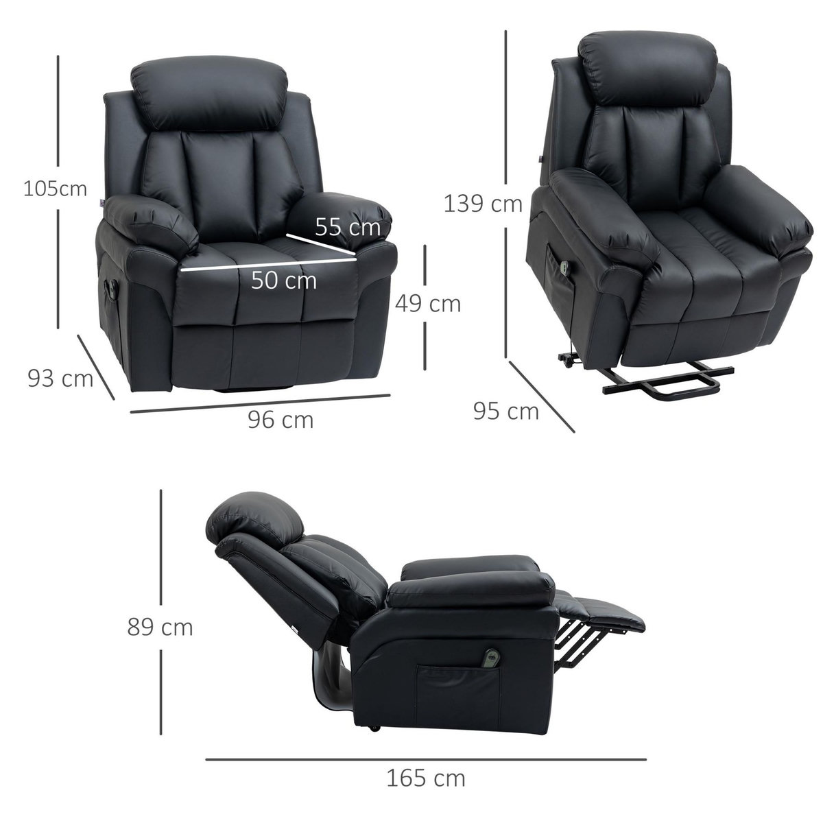 HOMCOM Fauteuil releveur inclinable avec repose-pied ajustable - fauteuil de relaxation électrique - revêtement synthétique noir