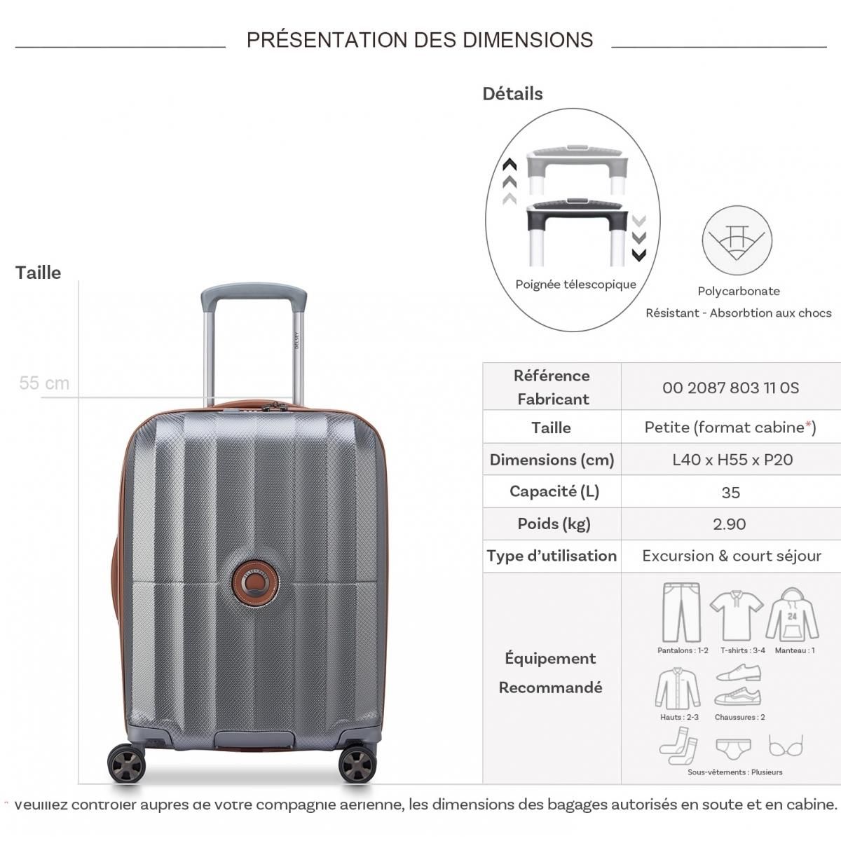 Delsey Valise cabine rigide Saint Tropez TSA polycarbonate 55cm