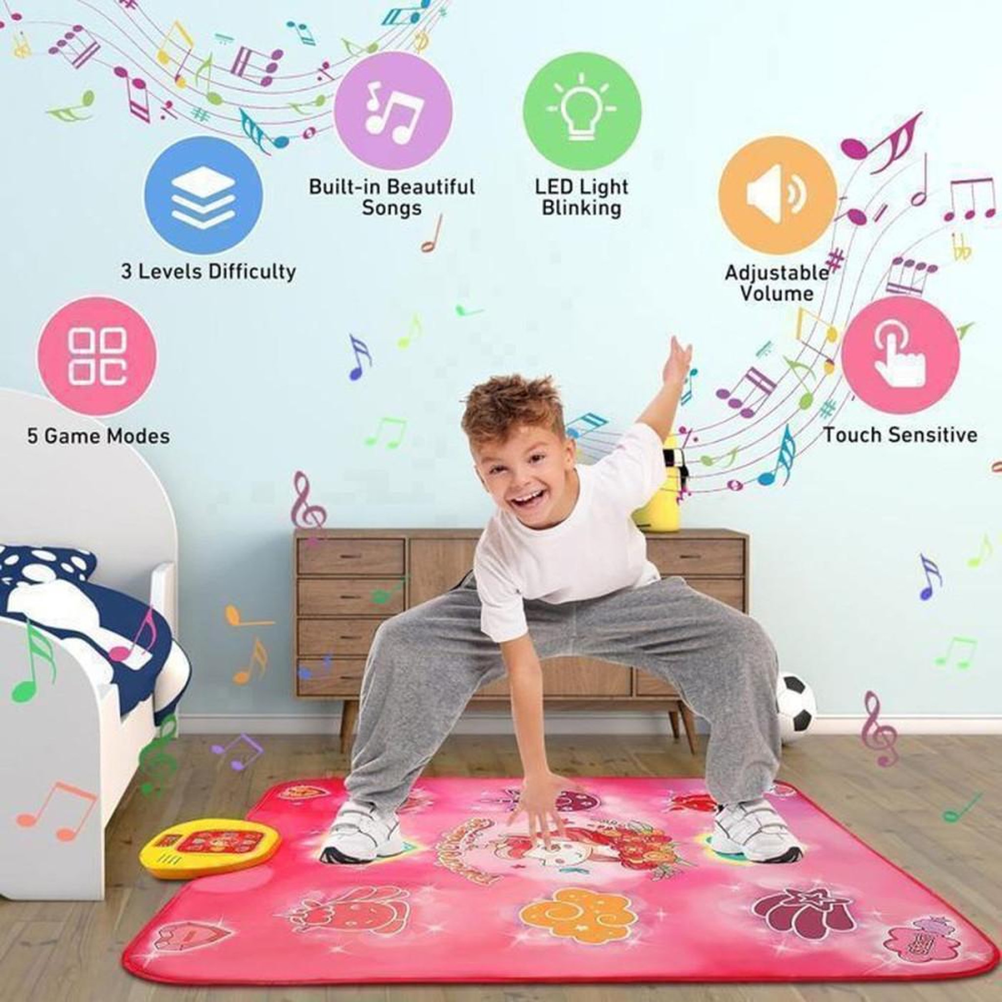 Voir la diapositive 5 : VARO Tapis de danse musical LED pour enfants 3+ VATOS rose, 5 jeux, 3 niveaux, volume réglable, contrôleur jaune, 8 zones