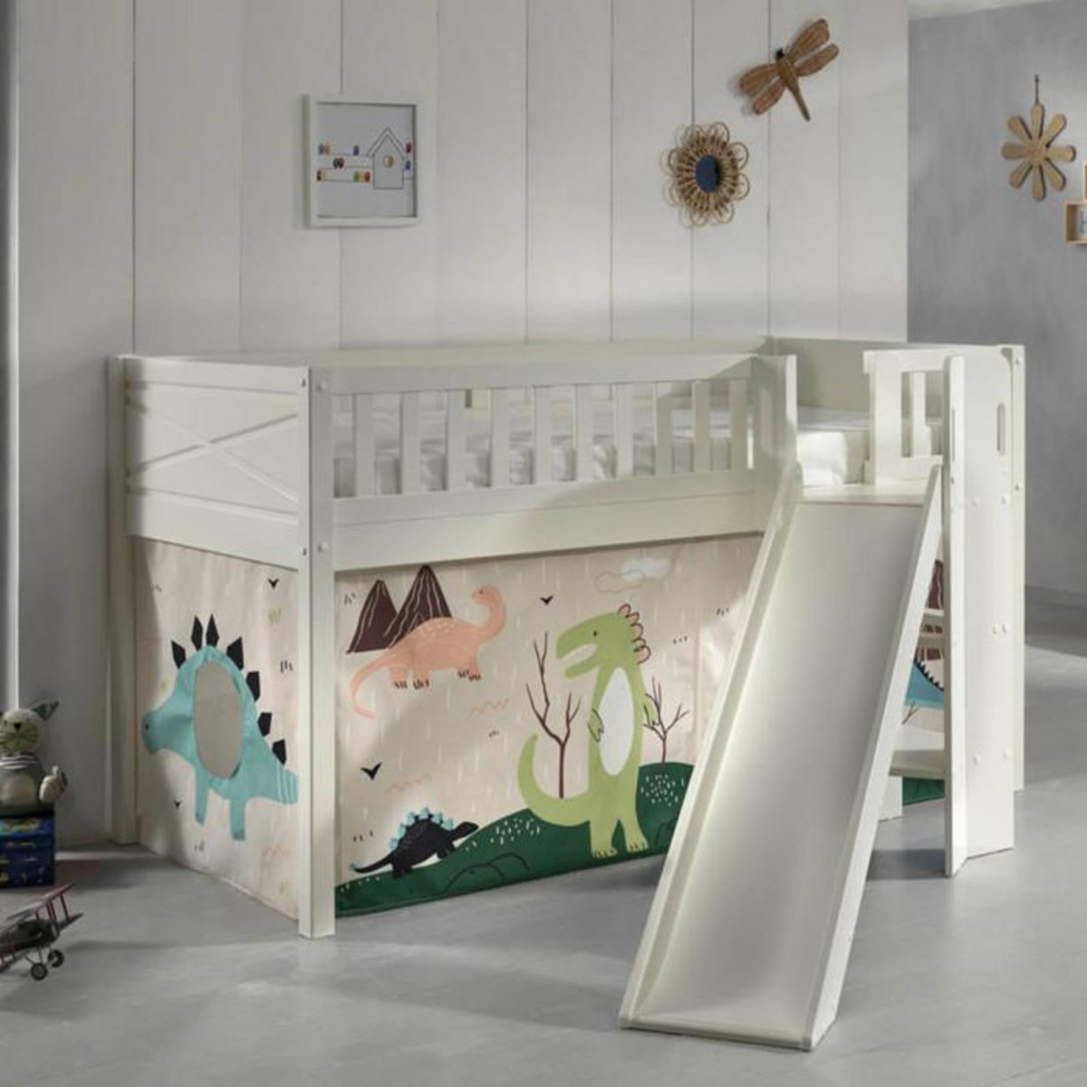 Paris Prix Lit Enfant Toboggan & Tente  Scott Dino  90x200cm Blanc