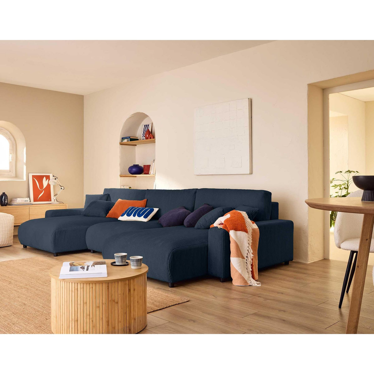 LISA DESIGN Pivoine - canapé panoramique en u - 7 places - convertible avec coffre - en velours côtelé