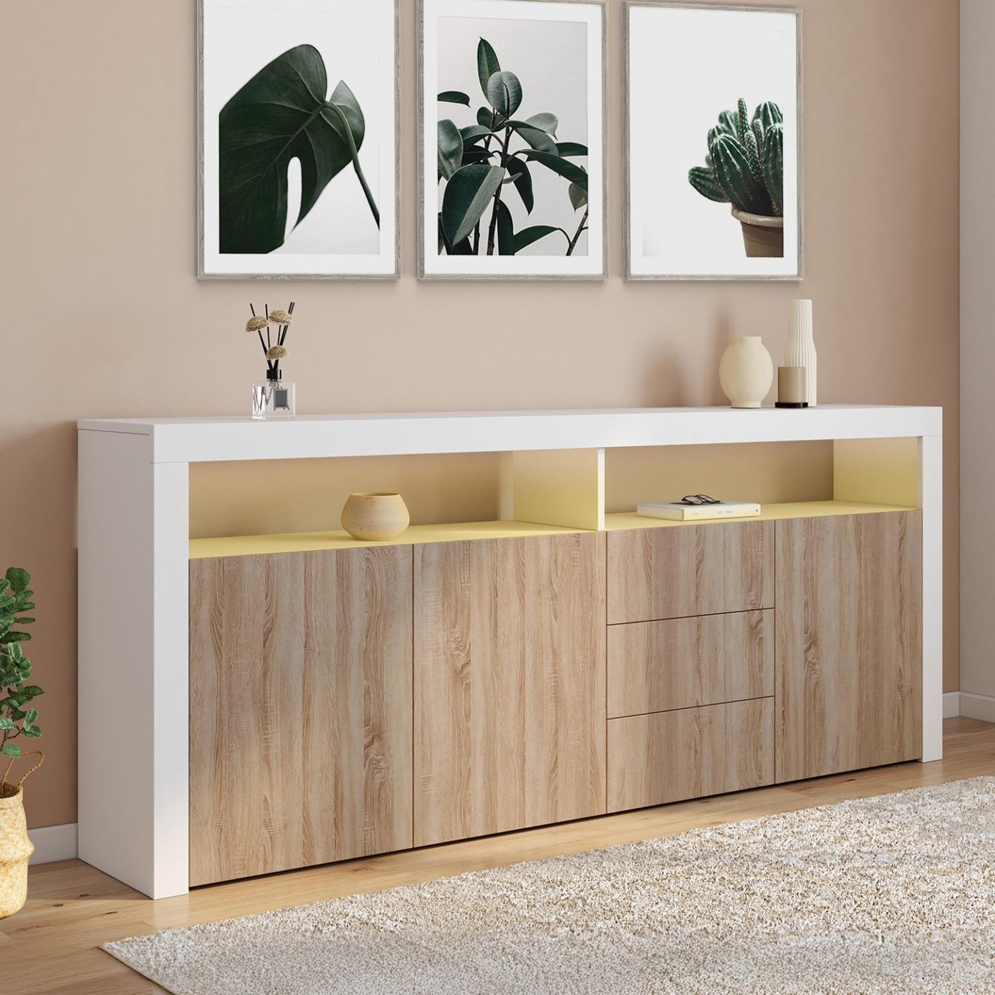 Voir la diapositive 2 : ID MARKET Buffet 180 cm elight xxl 3 portes et 3 tiroirs avec led et niches blanc et bois façon hêtre