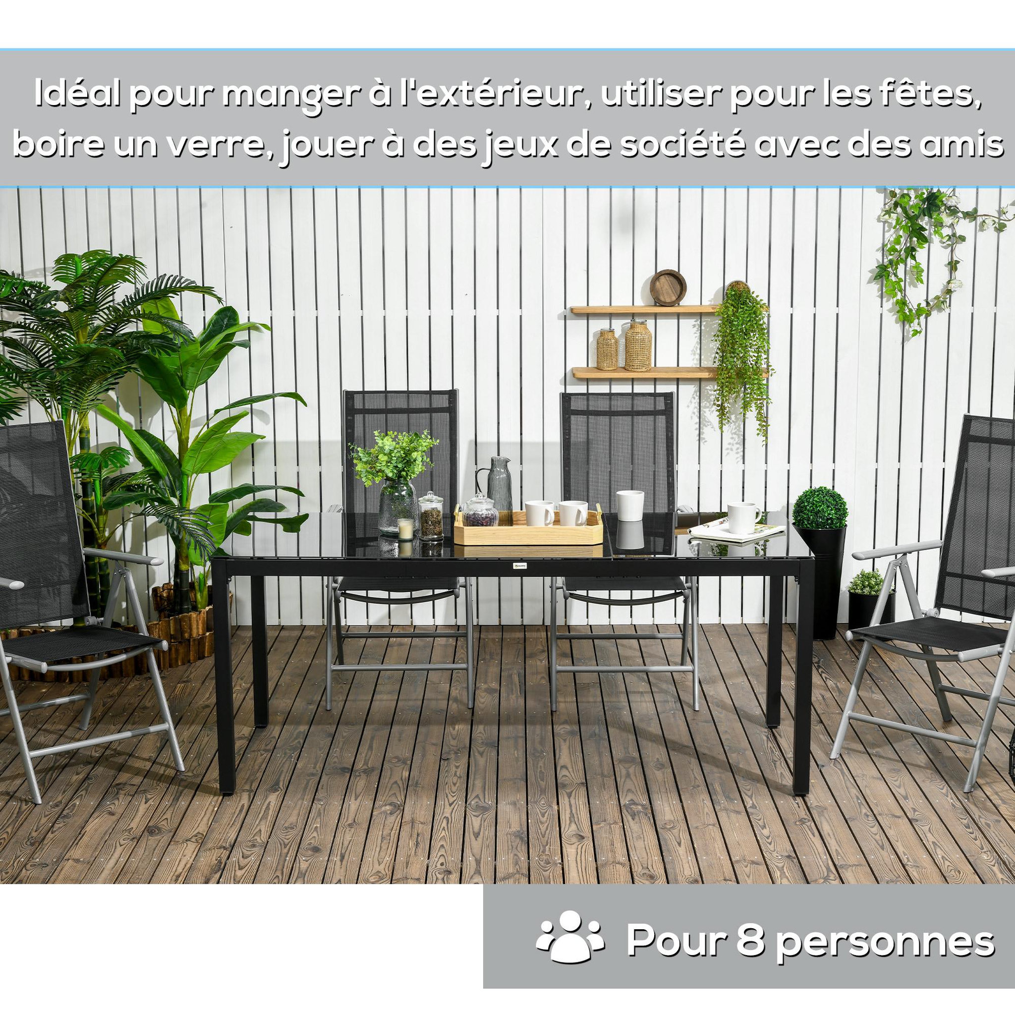 Voir la diapositive 6 : OUTSUNNY Table de jardin rectangulaire 8 personnes dim. 180L x 80l x 72H cm alu. plateau verre trempé noir